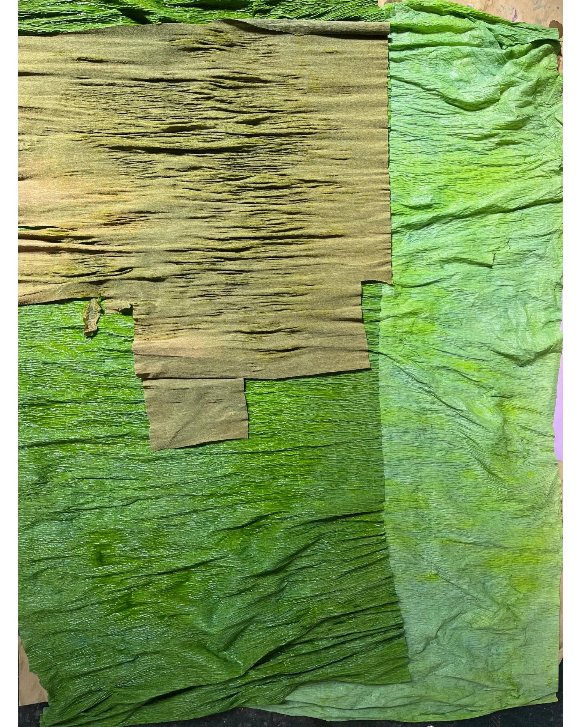 Hand-dyed crepe paper in multiple shades of green, from olive and khaki to vibrant lime, laid out in Emmeli Kimhi’s studio