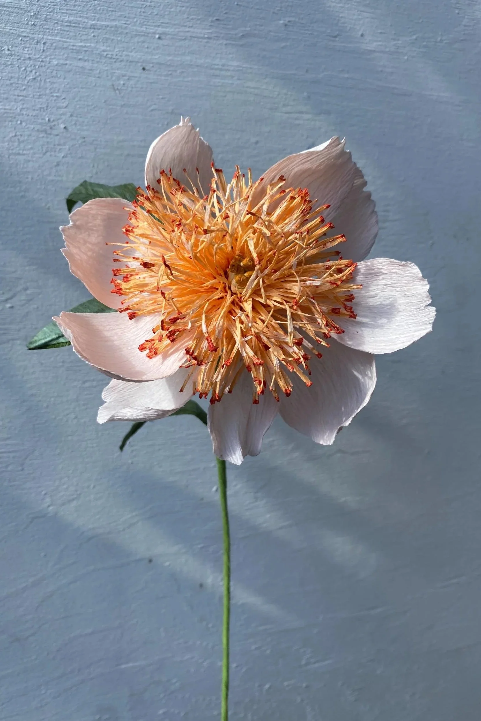 Handmade Claire de Lune Peony with soft creamy white petals and a detailed golden-orange stamen centre by Emmeli Kimhi
