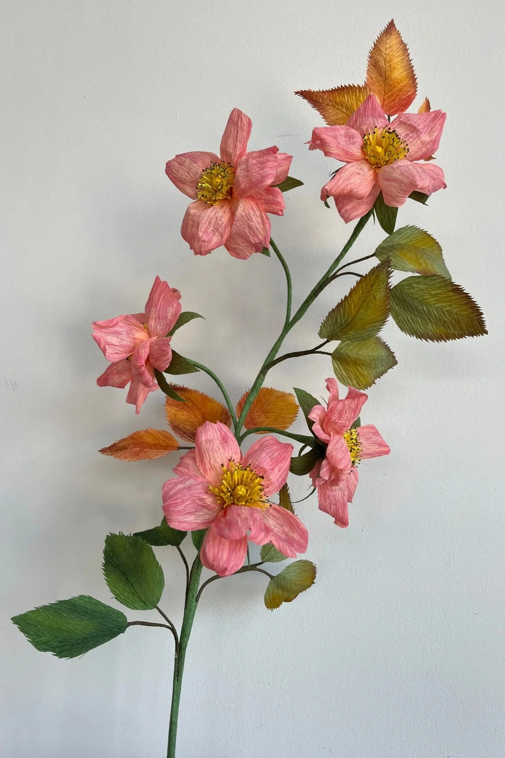Handmade wild rose branch with soft pink flowers and beautiful variegated green-to-golden leaves by Emmeli Kimhi
