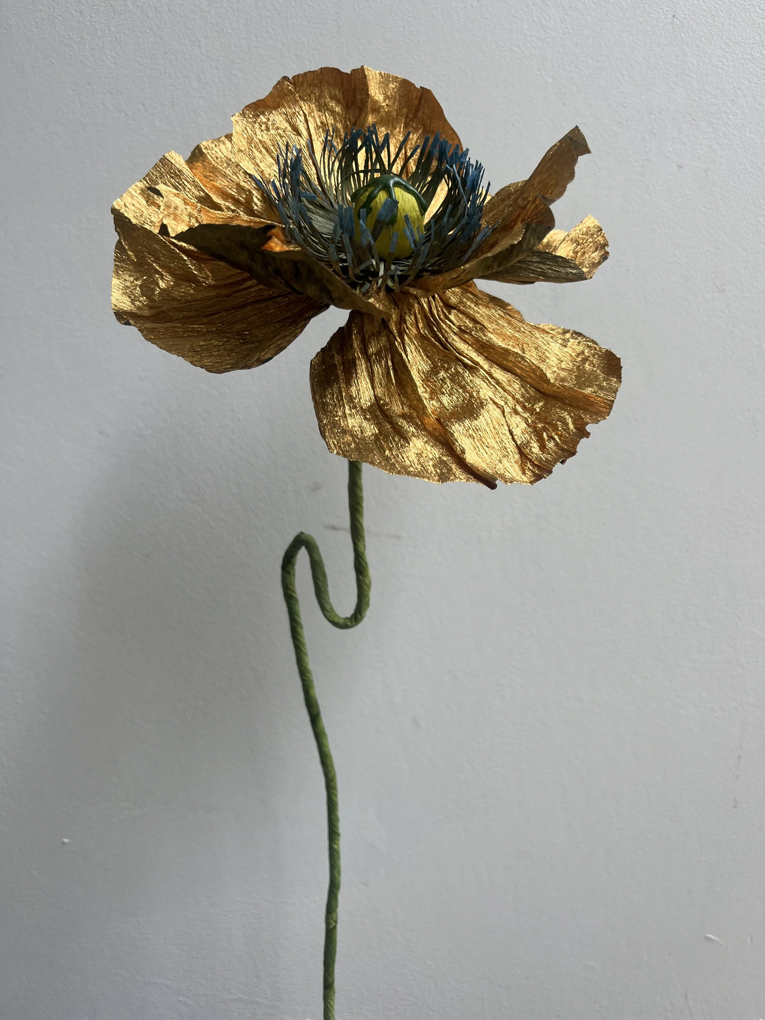 A golden, metallic poppy flower by Emmeli Kimhi with blue and green accents on the stamen and seed pod against a plain, light-colored background.