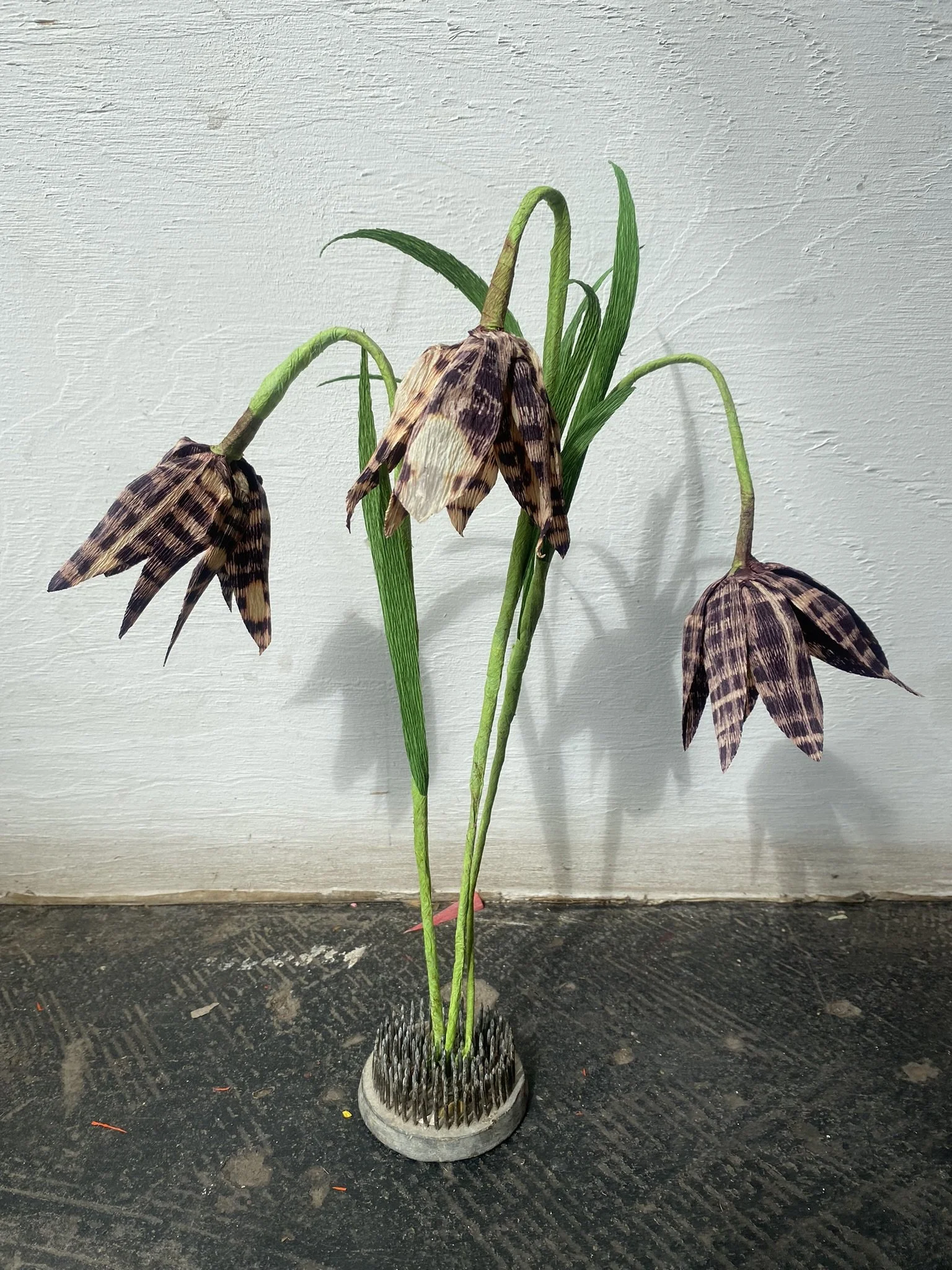 Three artificial flowers by Emmeli Kimhi with drooping petals and green stems in a circular base on a black floor against a white wall.