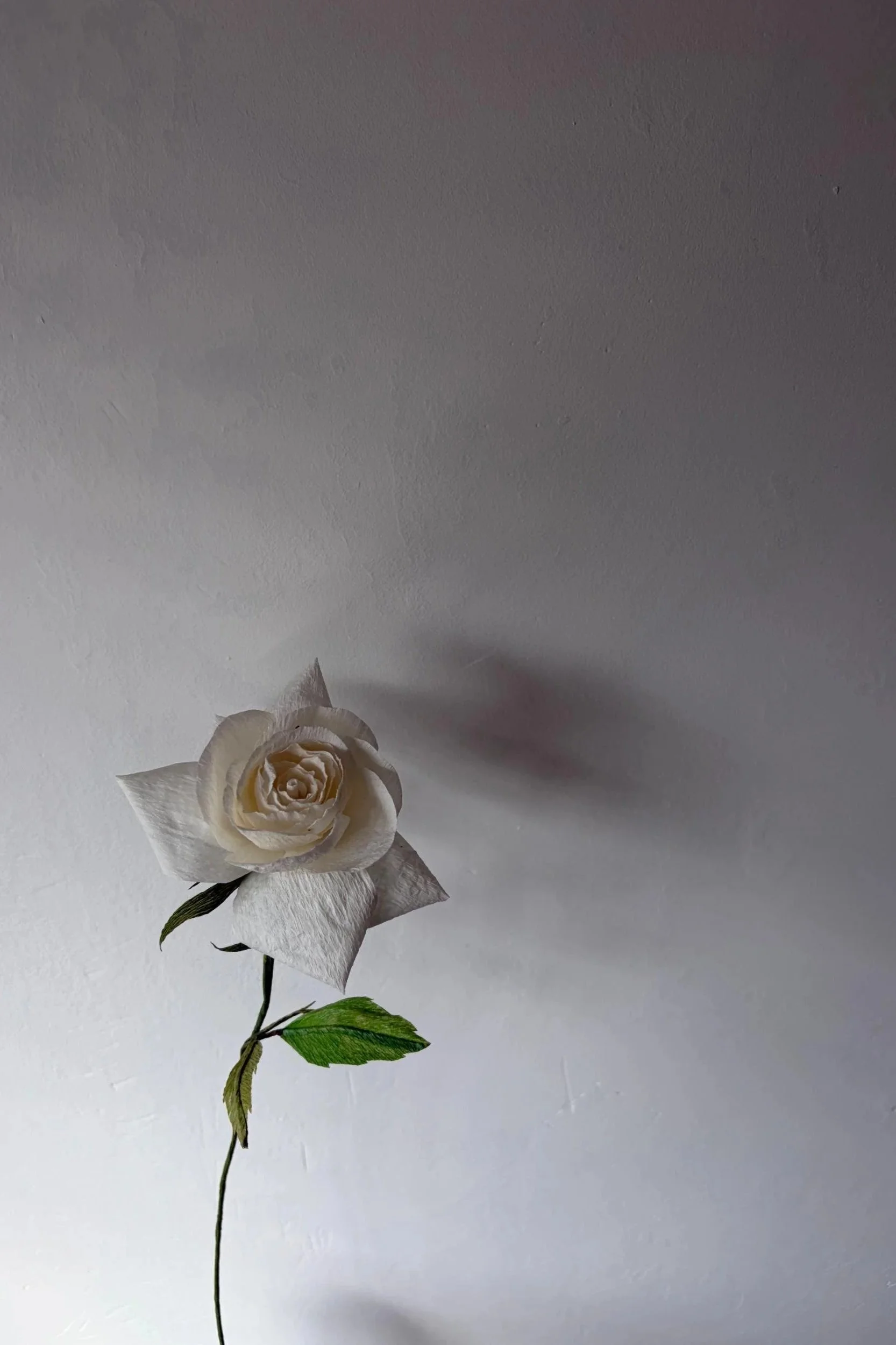 Handcrafted white paper rose with sculptural petals and natural movement on wired stem by Emmeli Kimhi