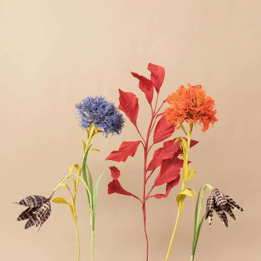 Colored drawing of a flower with a blue flower on the left and an orange flower on the right, with red and yellow leaves  by Emmeli Kimhi 