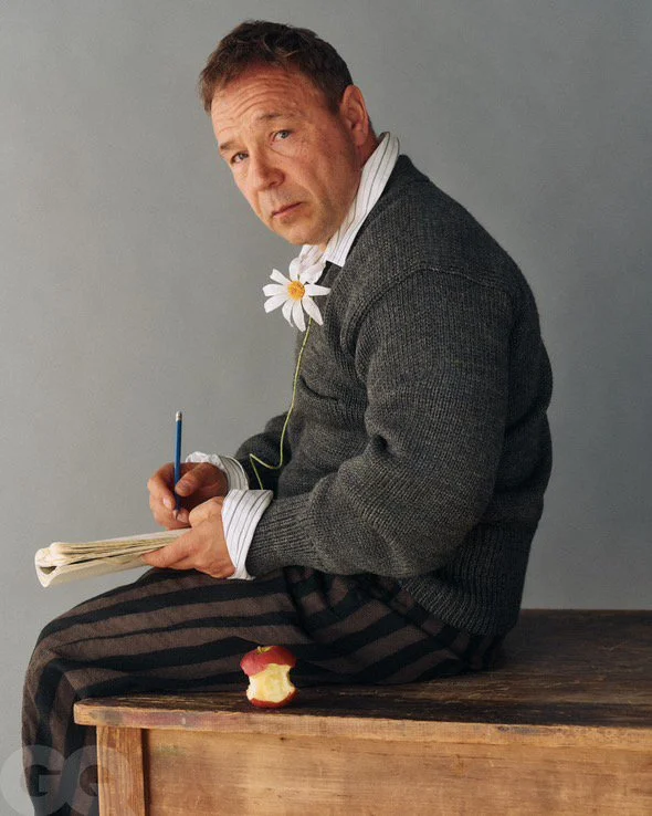 British GQ Magazine featuring Stephen Graham  wearing flowers by Emmeli Kimhi