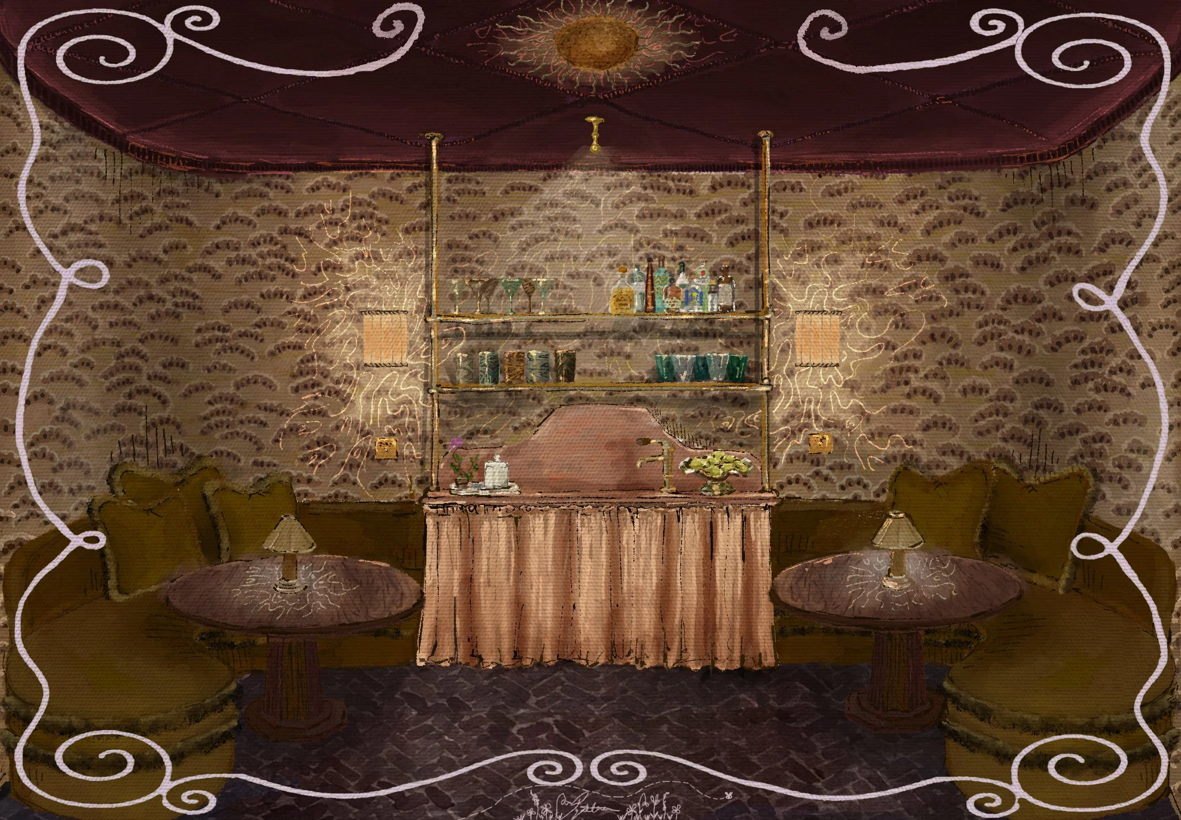 Illustration of the bar in The SpeakEasy Salon designed by Studio Duggan for Black Edition at WOW!house 2026. Rich textures, dramatic ceiling, and intimate seating illustrated by Syaleen Stokes.
