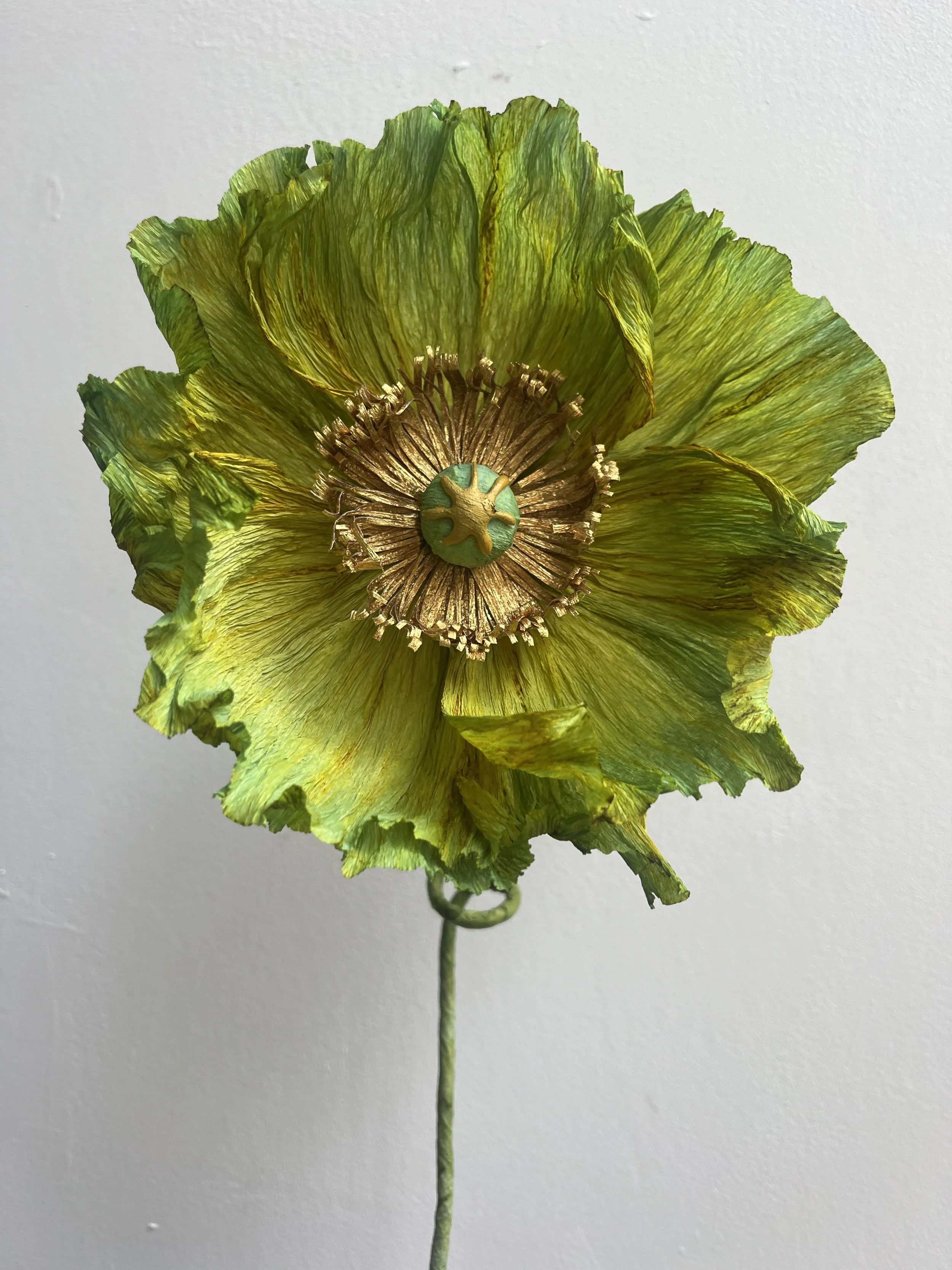 A paper, greenish-yellow poppy flower by Emmeli Kimhi with a circular seed pod at the center and crinkled petals, against a plain light background.