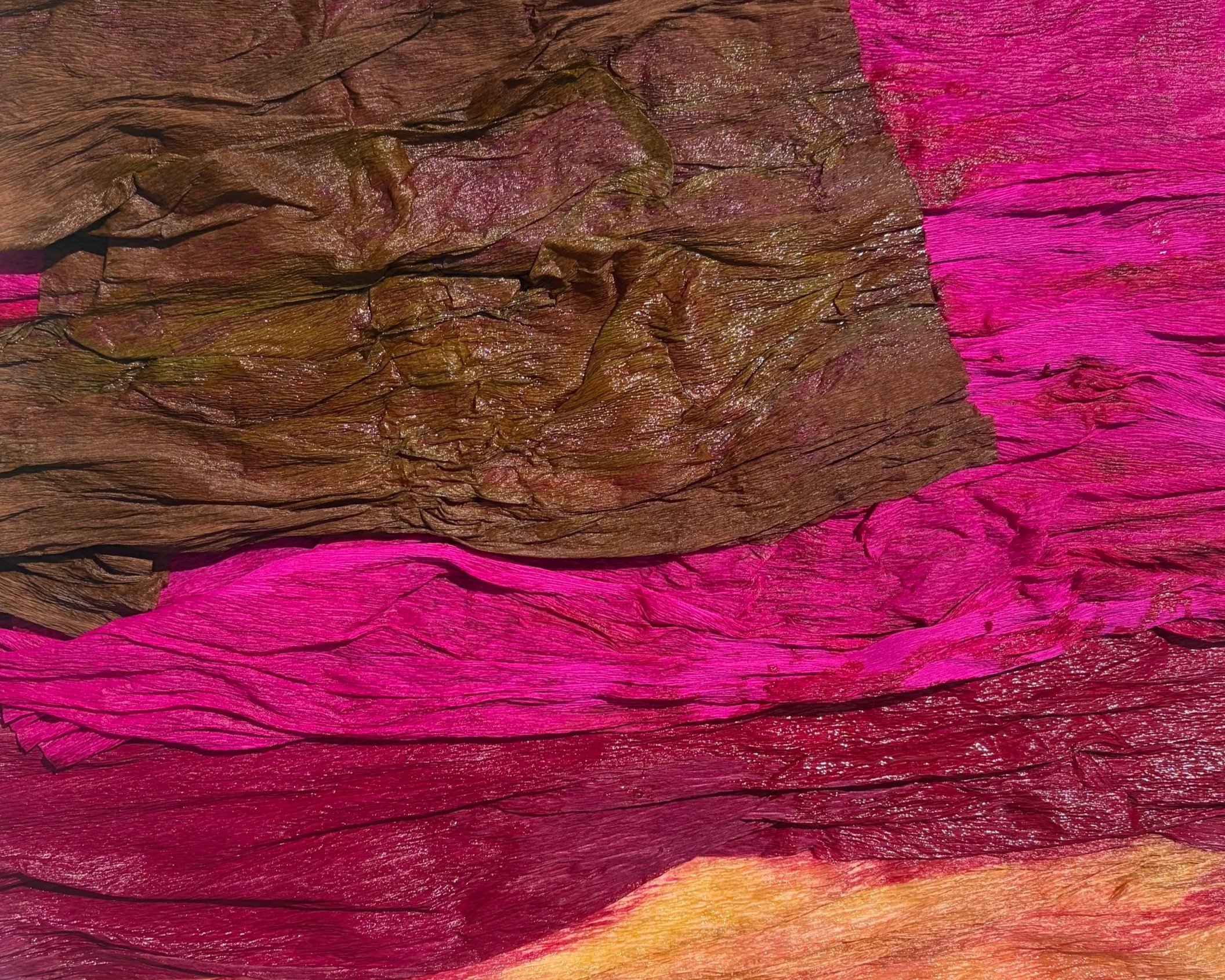 Hand-dyed paper in rich chocolate plum, hot pink, deep magenta, and peach tones. Custom paper preparation for the cosmos flowers created for Studio Duggan’s SpeakEasy Salon at WOW!house.