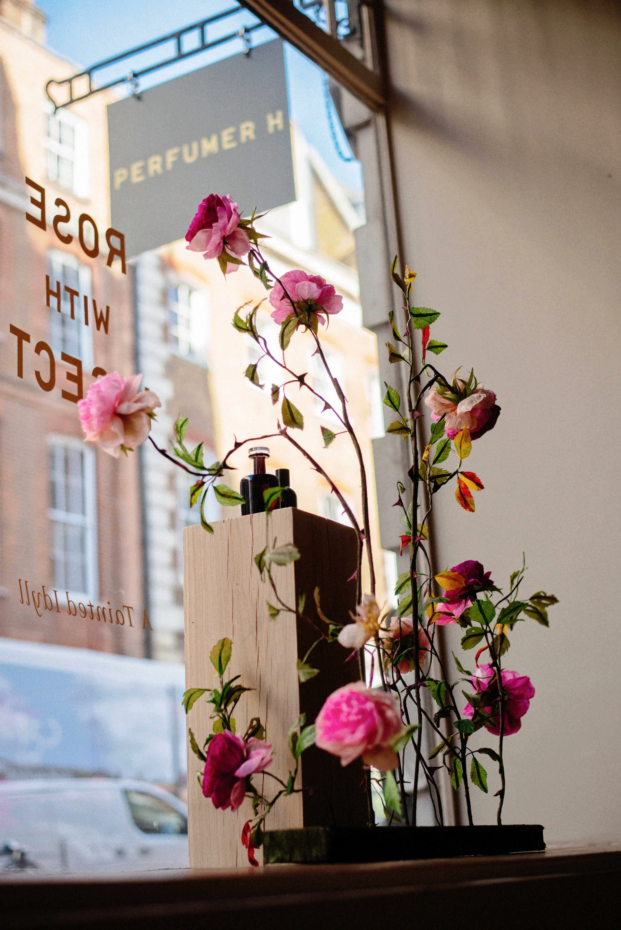 Emmeli Kimhi’s hand-painted paper rose sculpture displayed in a wooden block on a windowsill. Delicate pink and magenta roses with thorny stems and green leaves are arranged against a London Perfumer H shop window with a 'Perfumer H' sign visible in 