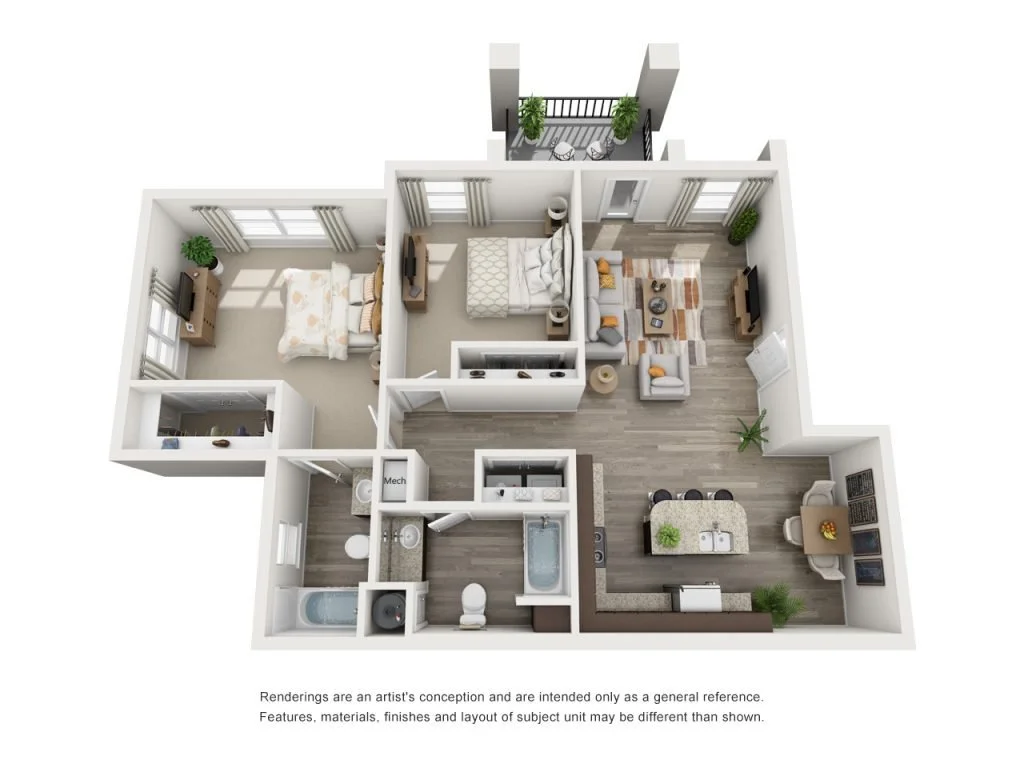 3D floor plan of an apartment with two bedrooms, two bathrooms, a kitchen, living room, balcony, and laundry area.
