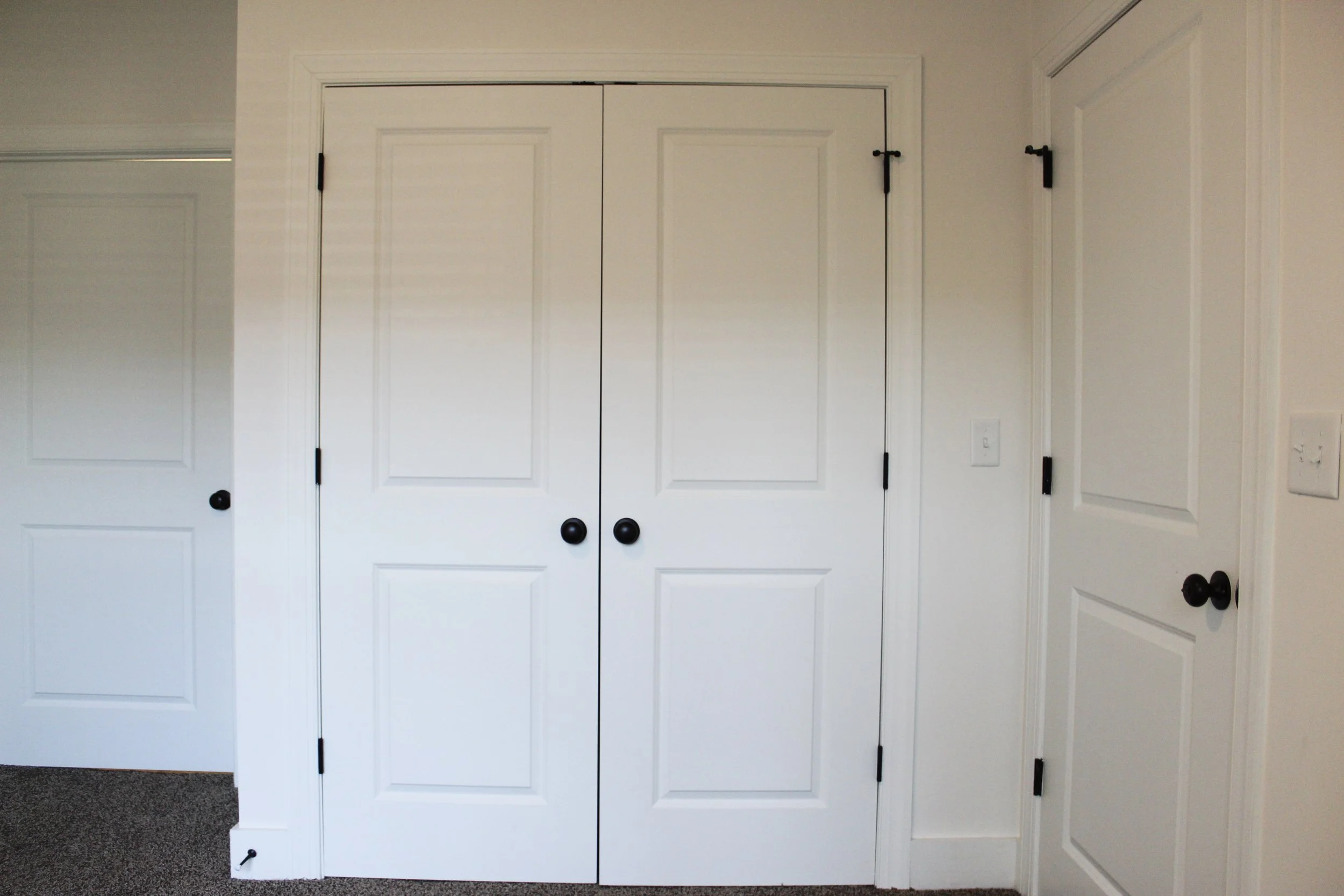 White interior doors with black doorknobs and hinges, including a double closet door and a single door, with light switch on the wall.