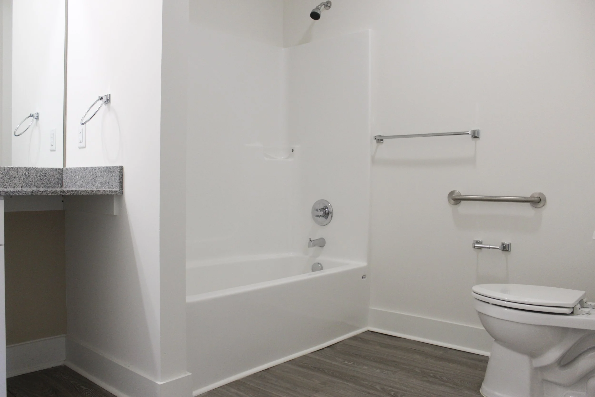 Empty bathroom with bathtub, toilet, towel bars, and a countertop with mirror