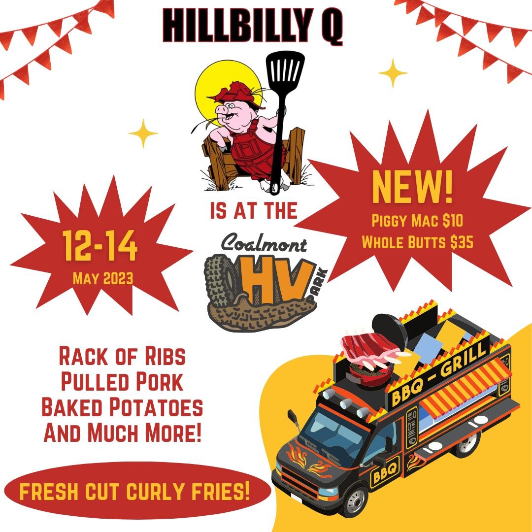 Come join us for a weekend full of off-road adventure and delicious BBQ! HillBilly Q is back at Coalmont OHV Park from May 12-14. Try their mouth-watering Piggy Mac for just $10, or grab a whole butt for $35! 🍖🔥🌭 Don't miss out on the fun! #Coalmo