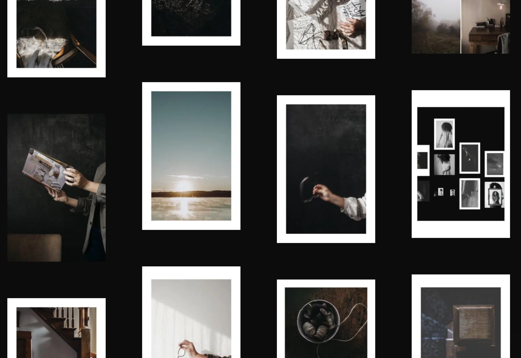 A visually curated collection of minimalist and moody photographs arranged in a Cosmos cluster, featuring scenes like hands, books, natural textures, and serene landscapes with hints of motion and light.’