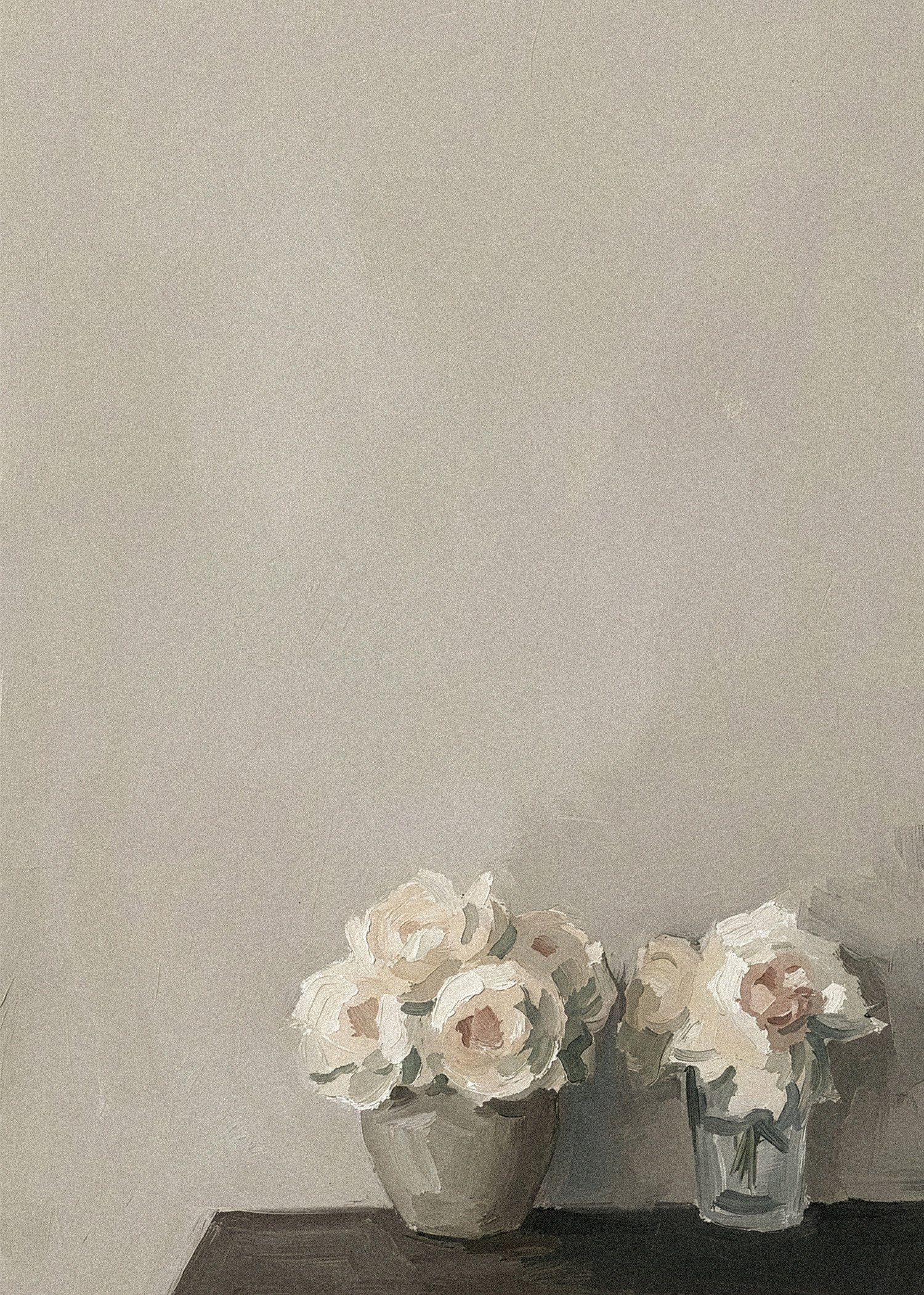 Painting of two vases with white flowers on a dark surface against a plain light background.