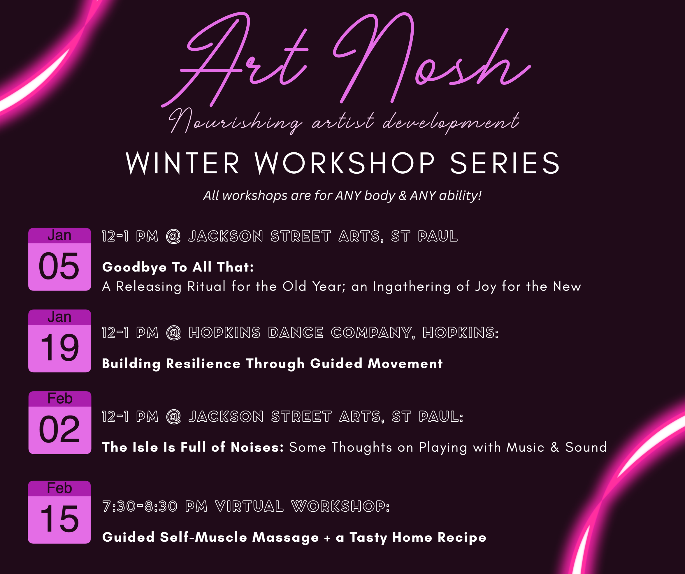 Art Nosh Winter Workshop Series Jan 5-Feb 15