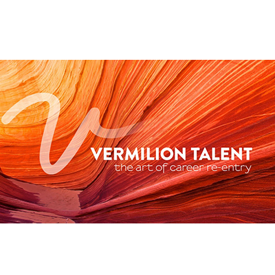Vermilion Talent logo on a background resembling colorful canyon or rock formations, with the tagline 'the art of career re-entry'.