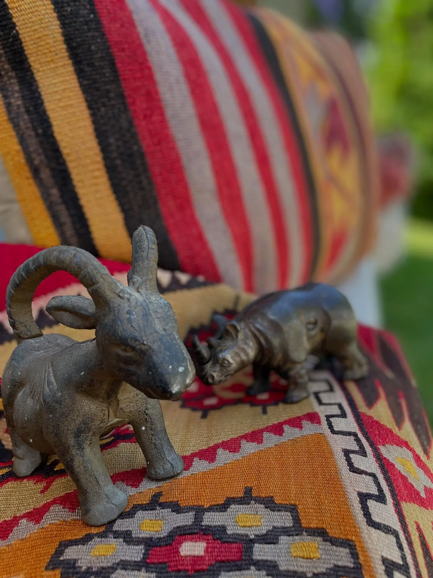 New kilim cushions, a rhino and a billy goat. 
Also a sunny day. #naramata