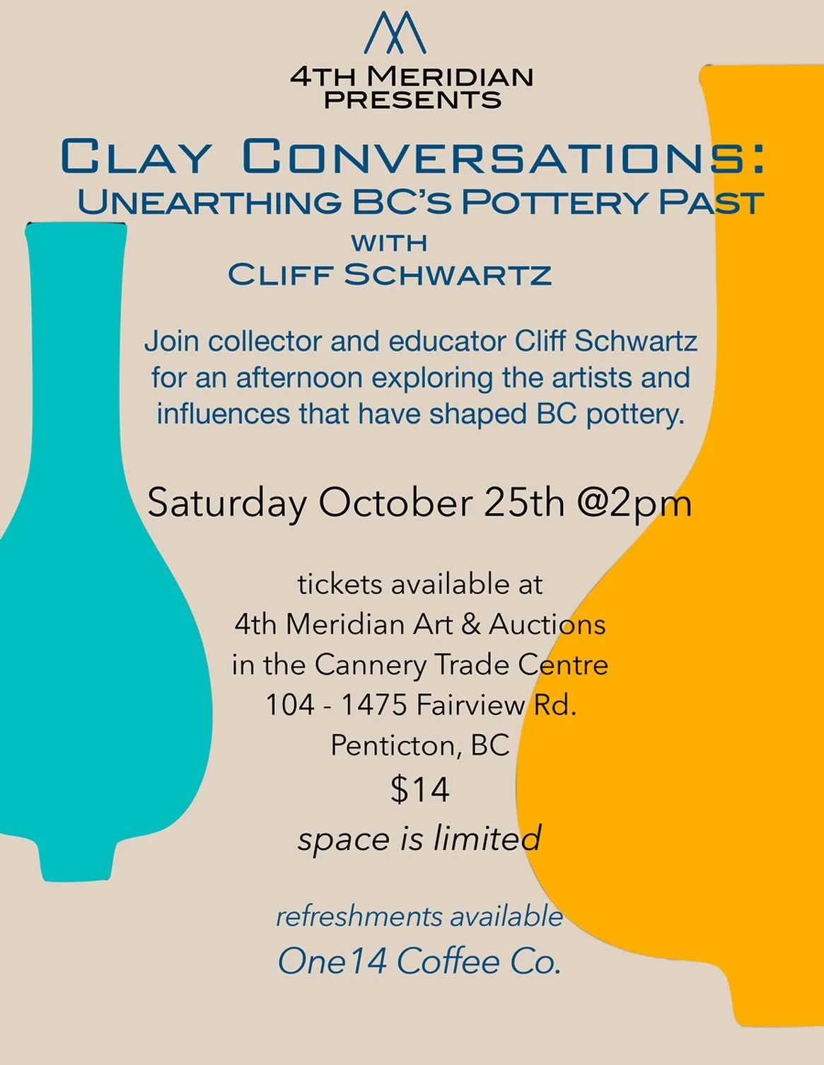 Limited seating! Tickets available @4th.meridian.art.auctions 
Clay Connections Pottery Talk
Saturday October 25
2pm
Inside @one14coffeeco 
@cannerytradecentre 
#bcpottery #history #bccraft #pottery #penticton