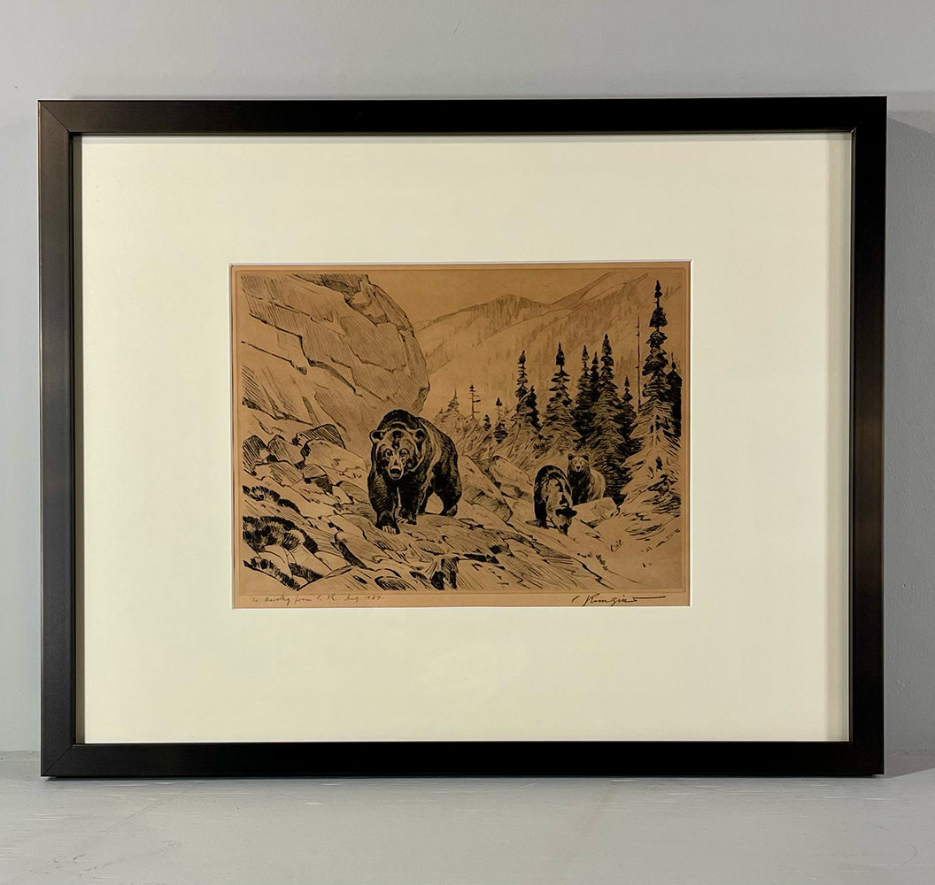 Carl Rungius, etching and drypoint, Untitled, Grizzly Sow and Cubs