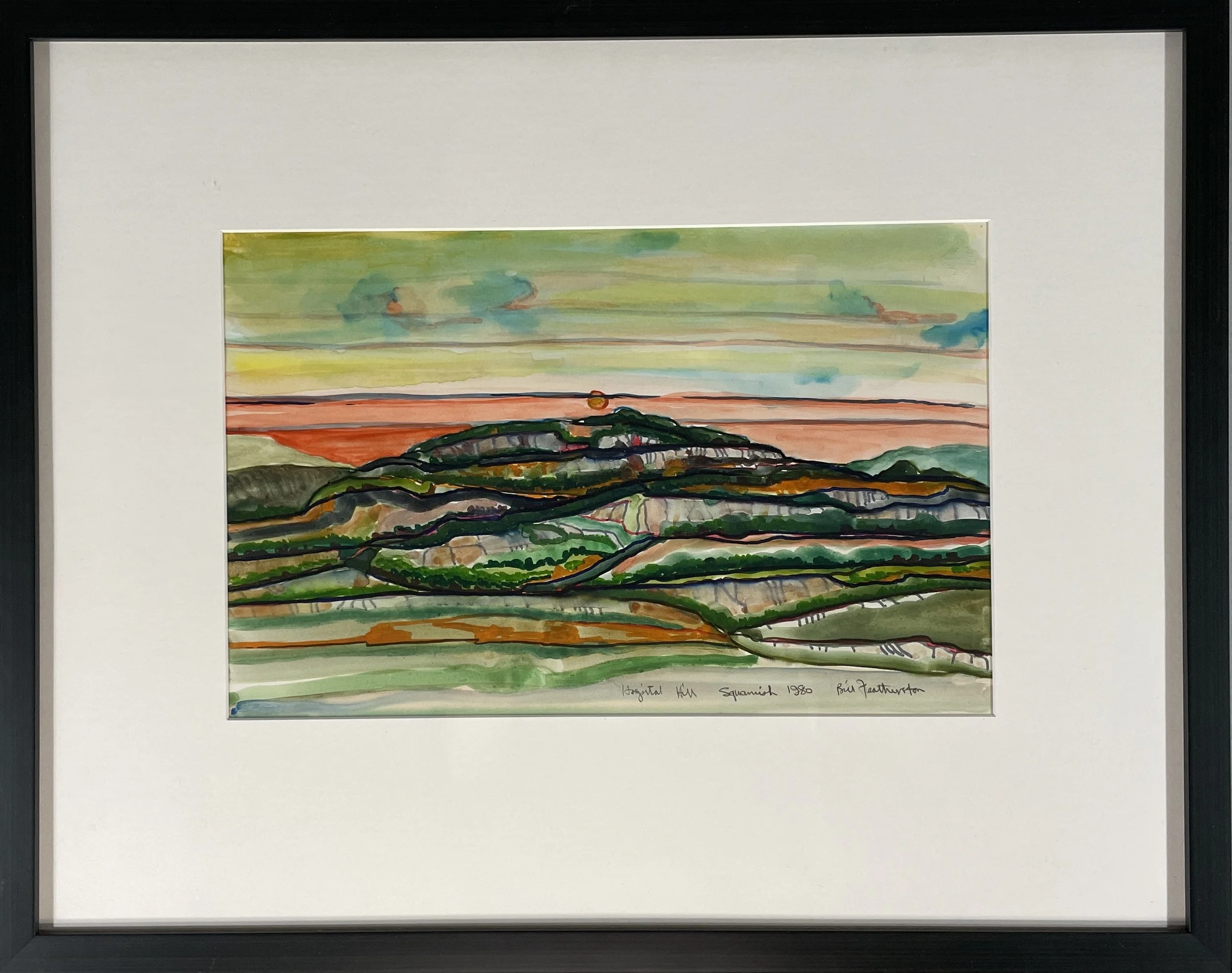 William (BILL) FEATHERSTON (1927 - 2009) "Hospital Hill" (Squamish, BC) watercolour, 1980. Image 8.75β x 13.75β archival frame 17.25β x 22β $1100