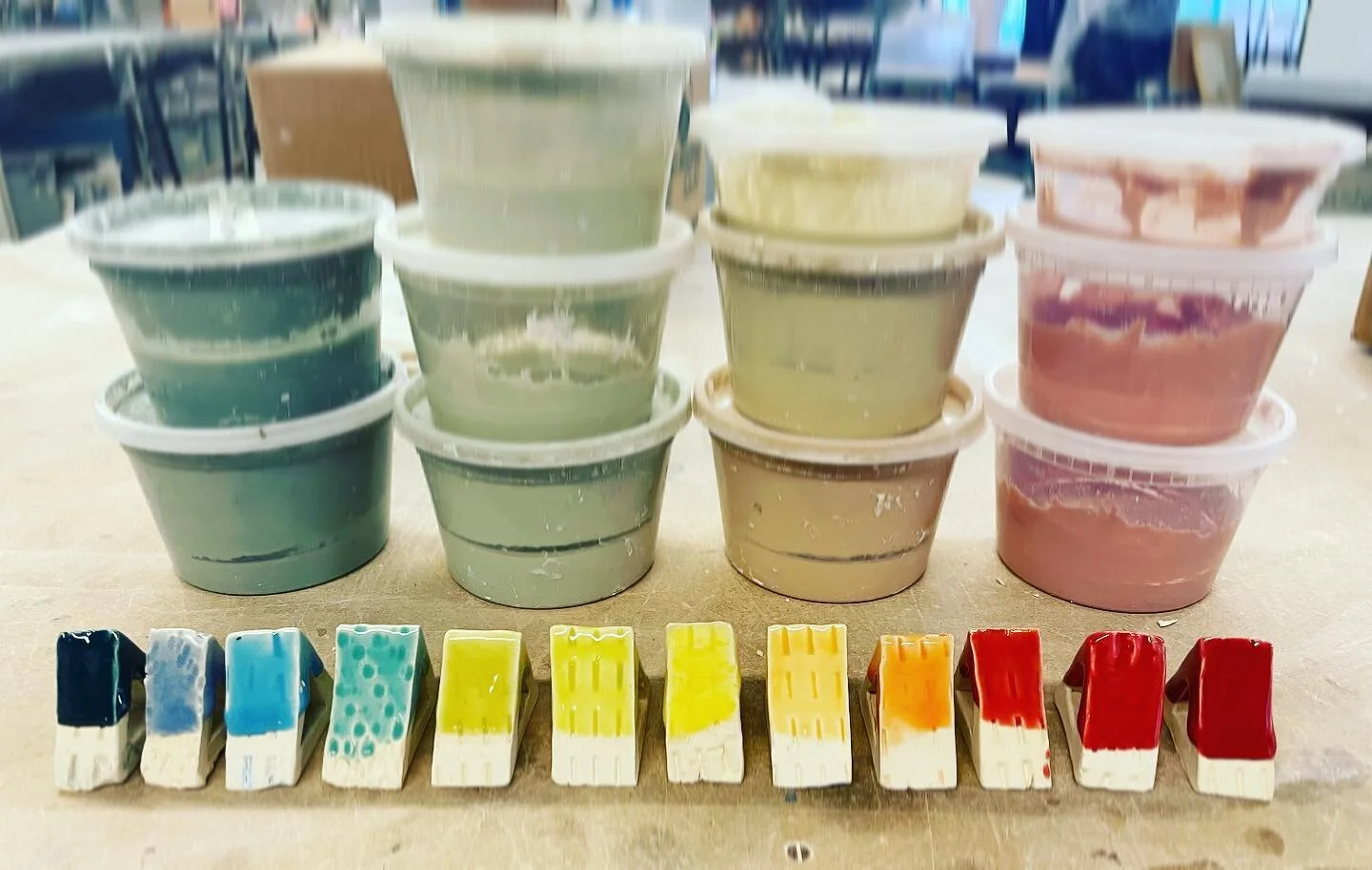 Working on this little glossy rainbow of glazes 🌈🌈🌈#ceramics #studiolife #glaze #modernceramics #rainbow