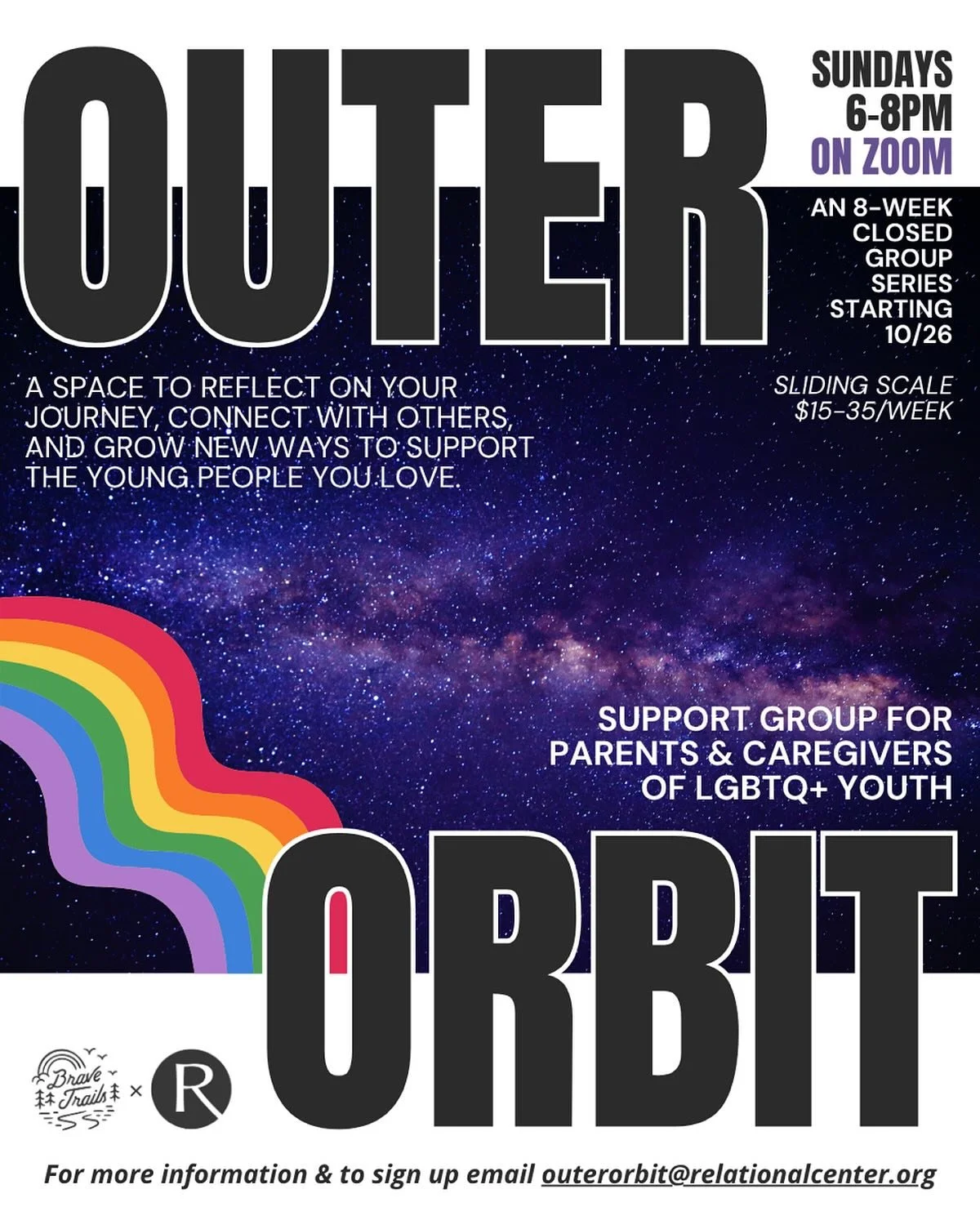🌈 Announcing OUTER ORBIT 🪐
 
An 8-week remote group therapy offering for parents, caregivers, guardians, adults, and mentors who share their lives with LGBTQ+ youth they deeply care for.
 
Sundays, 6&ndash;8 PM (PT) on Zoom
Starts October 26th
Slid