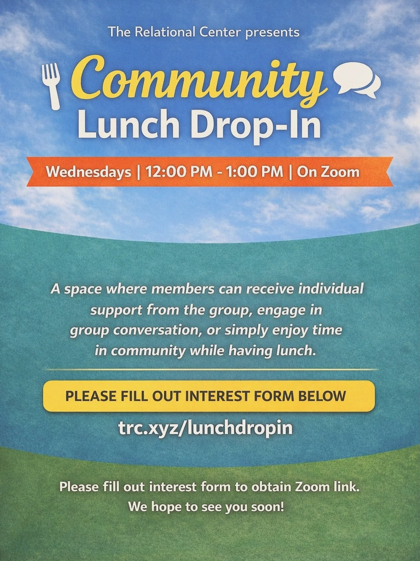 Take a real lunch break.

Join us Wednesdays from 12&ndash;12:50pm (PT) for a relaxed virtual lunch drop-in.

Bring your lunch, take a pause, and connect in community.

This is a welcoming space for professionals to share, reflect, receive support, o