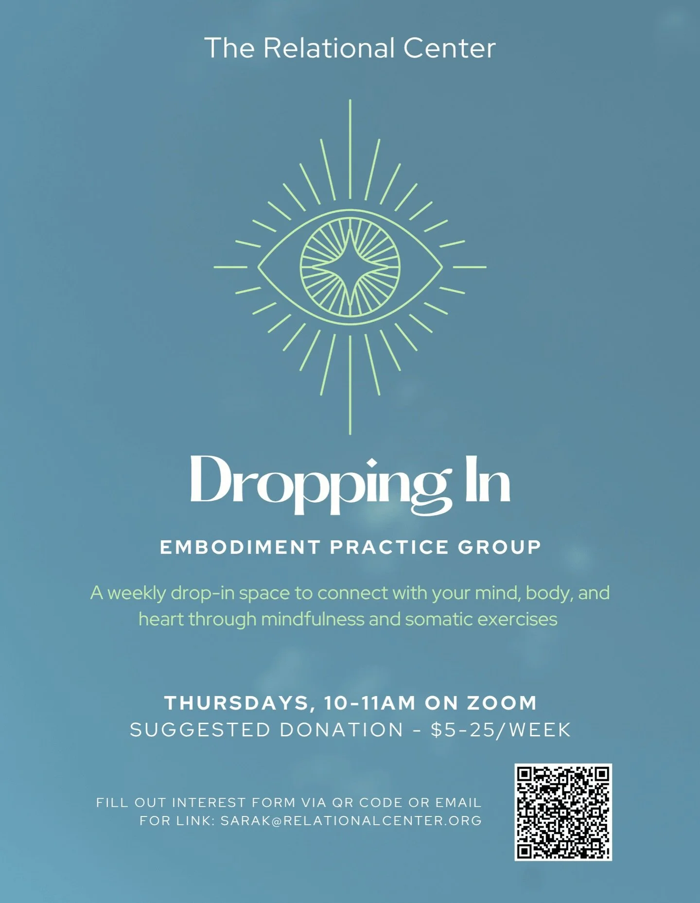 Introducing a new group starting next Thursday. Dropping-In is a weekly community space for practicing embodiment through mindfulness, #somatic exercises, reflection, and shared conversation.

No experience necessary. Just bring yourself.

Thursdays 