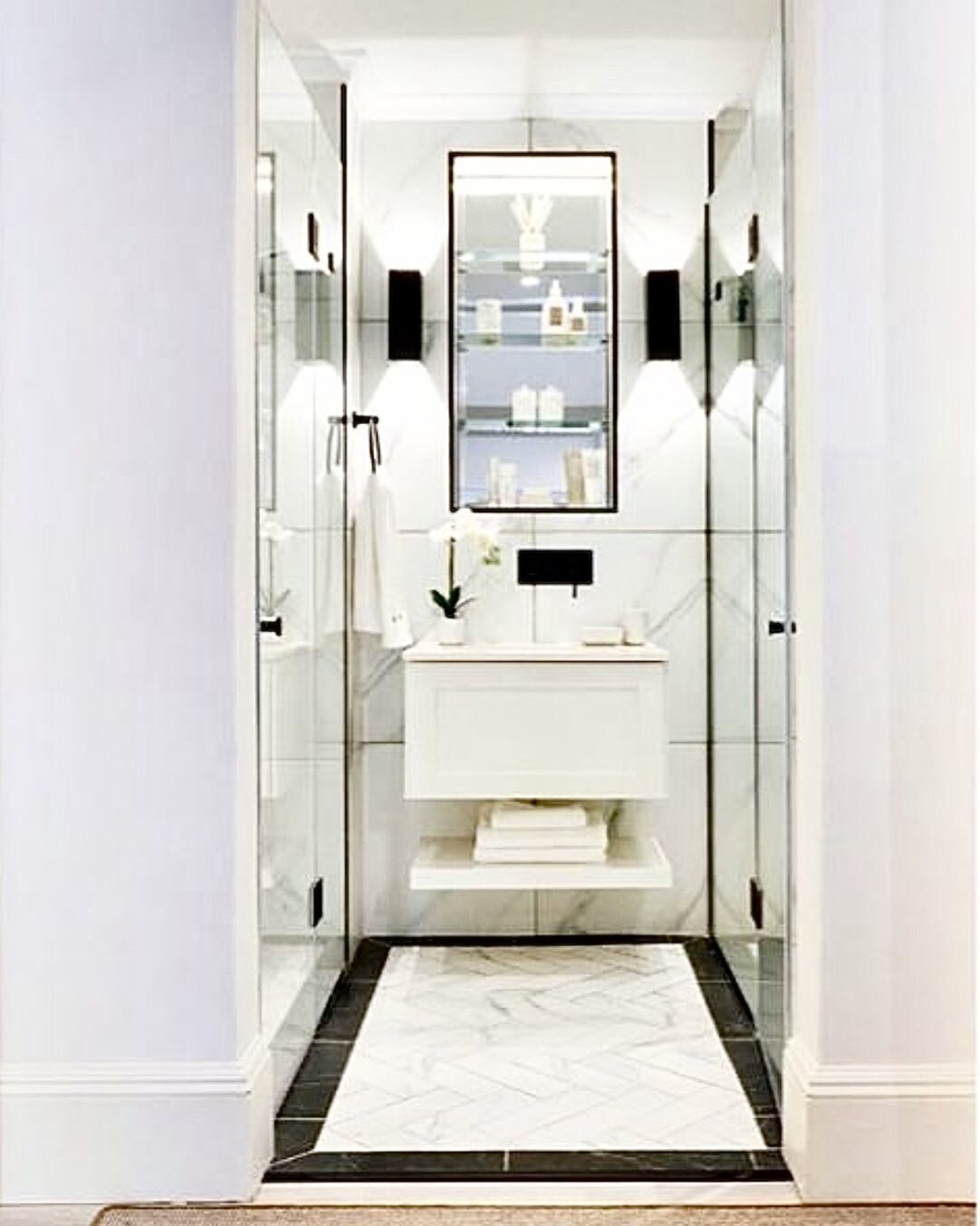 ✨Teeny Tiny Bathroom✨
Sink, toilet &amp; shower -all there! Approx. 60 square feet. 
Who says you can&rsquo;t fit a full bath into a small space? 
design- Christina Wiese Interiors

Follow @insideideas for more of our projects and design inspirations