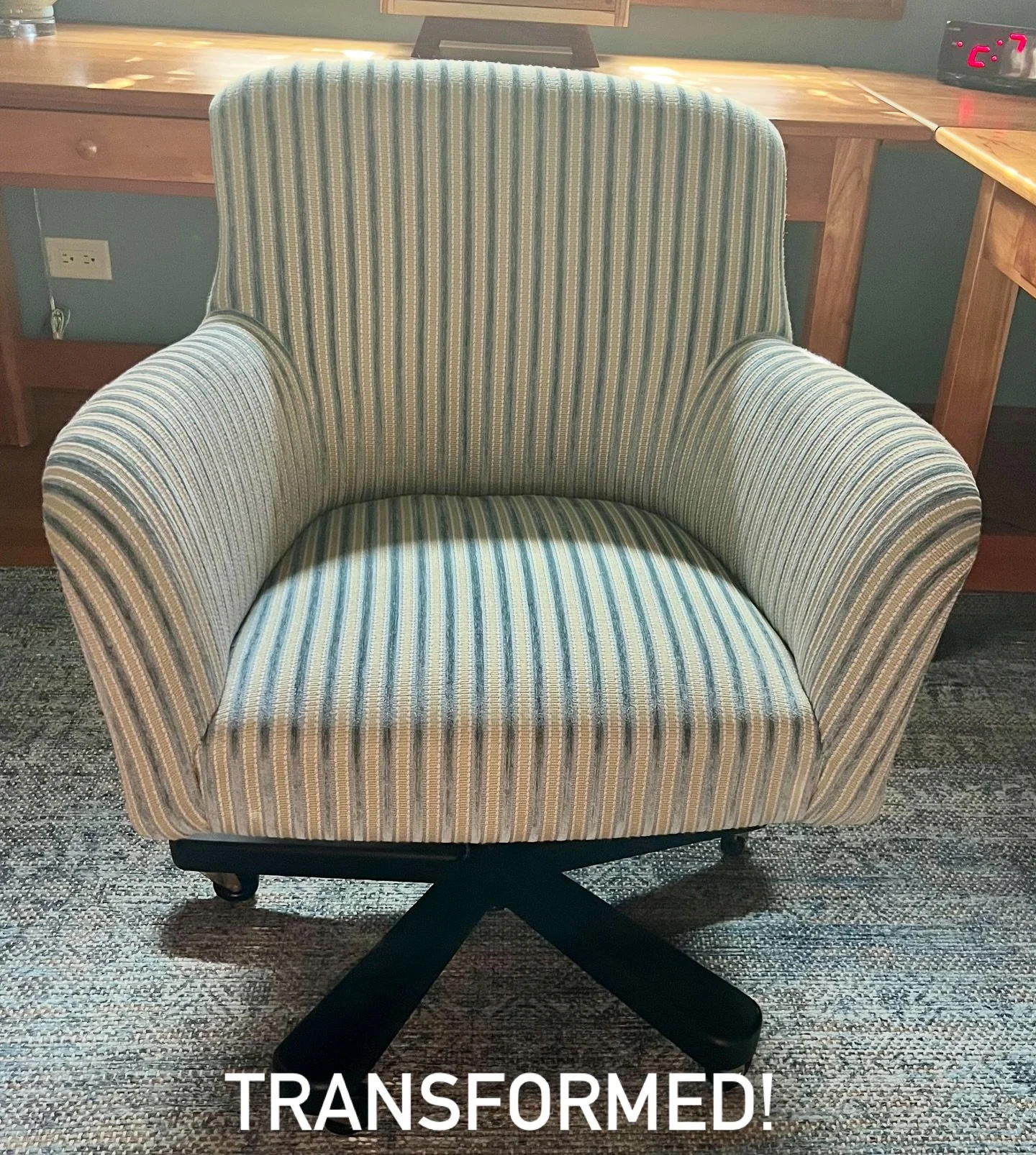 Before &amp; After✨This desk chair got a major update! Swipe left to see how my talented upholsterer transformed a tired, masculine leather chair into this beautiful, more feminine looking version. My client loves her new desk chair AND her refreshed