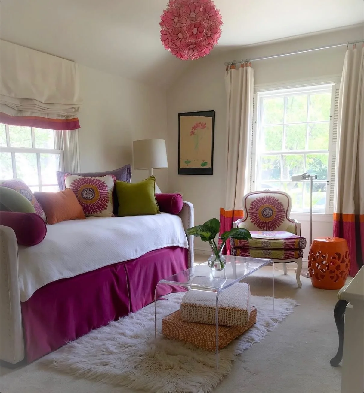 ✨Small in size. Big in personality. This jewel-box space proves color changes everything.
Loved creating this room and I love the young lady who occupies it. 💕

#jewelboxroom #colorfulbedroom #pinkandorange #vintagefurniture #customtrundlebed