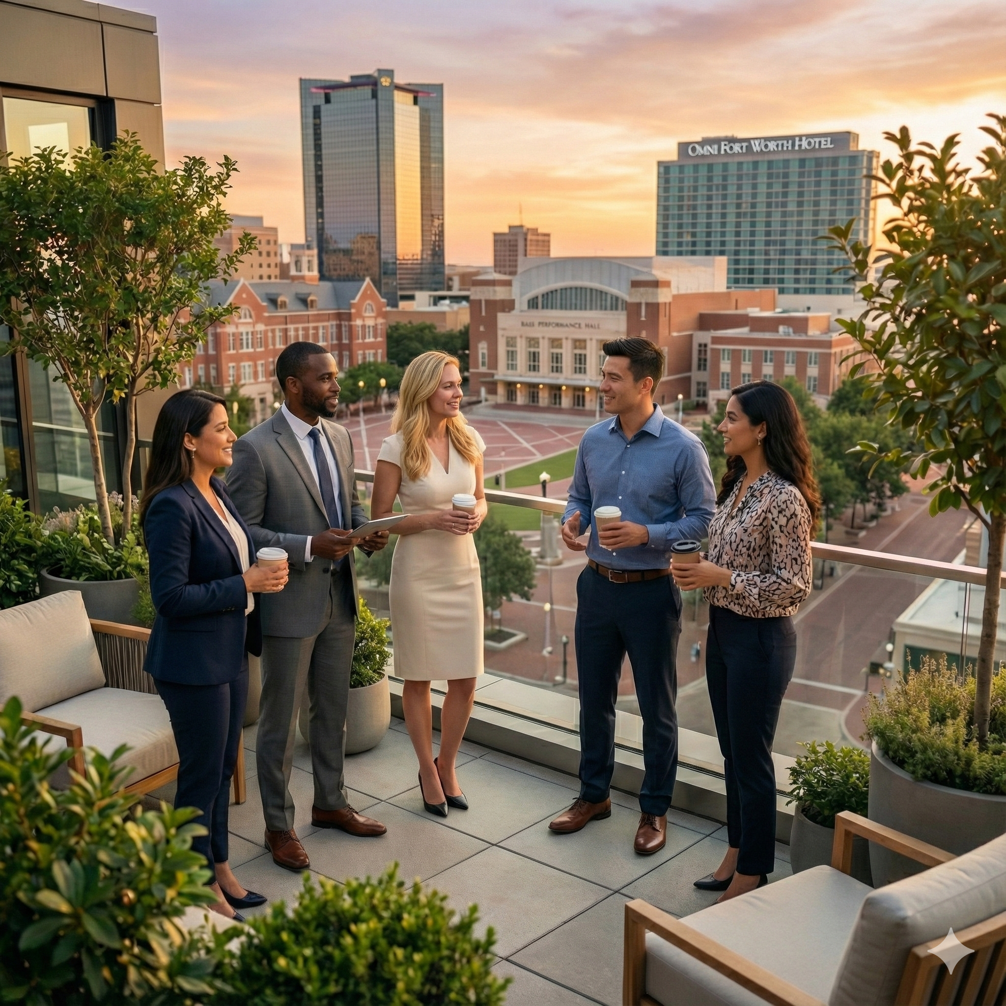 Five professionals, three women and two men, dressed in business attire, talking and holding coffee cups on a rooftop terrace during sunset with the skyline and a university building in the background.