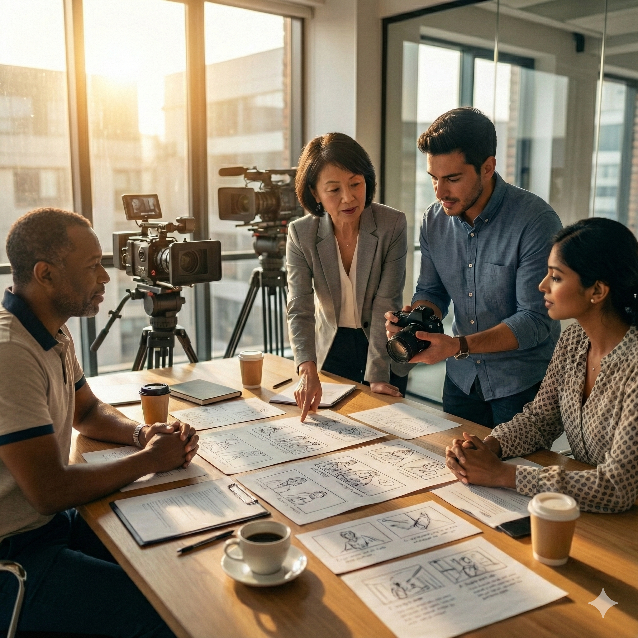 Group of filmmakers reviewing scripts and storyboard sketches at a conference table during a meeting in a modern office with large windows and city view.
