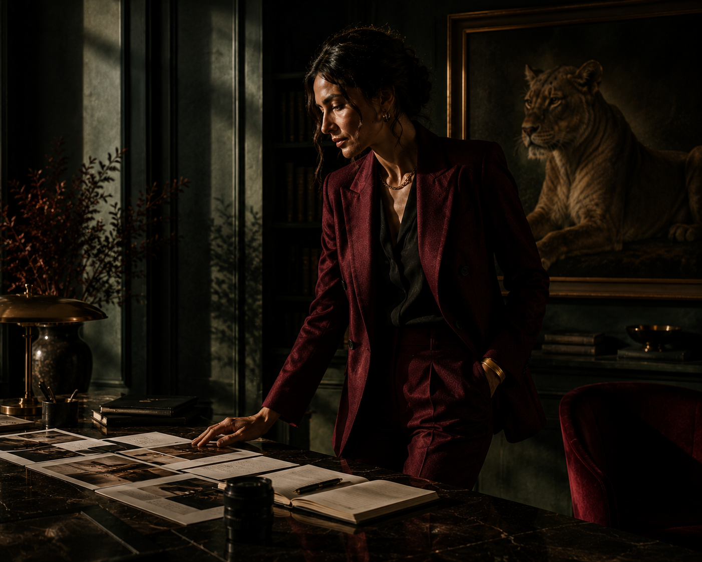 Luxury cinematic portrait of a female creative director in a burgundy tailored suit standing in dramatic golden-hour light beside a lioness artwork in a deep green editorial interior for Ten Four Films.