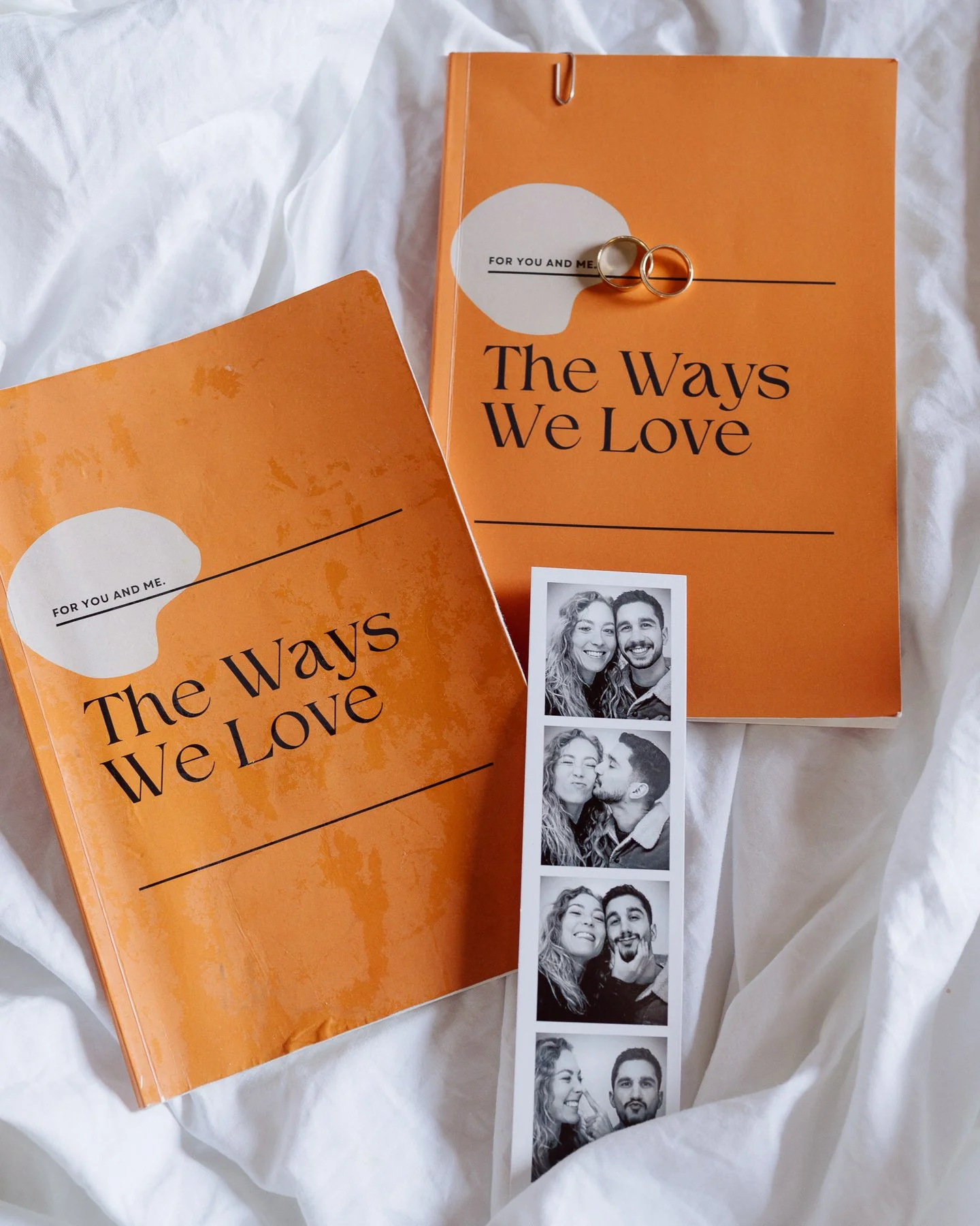 Journal relationnel de couple « The Ways We Love » avec alliances posées dessus et bande photo de couple, symbole d’un amour écrit et partagé avant le mariage