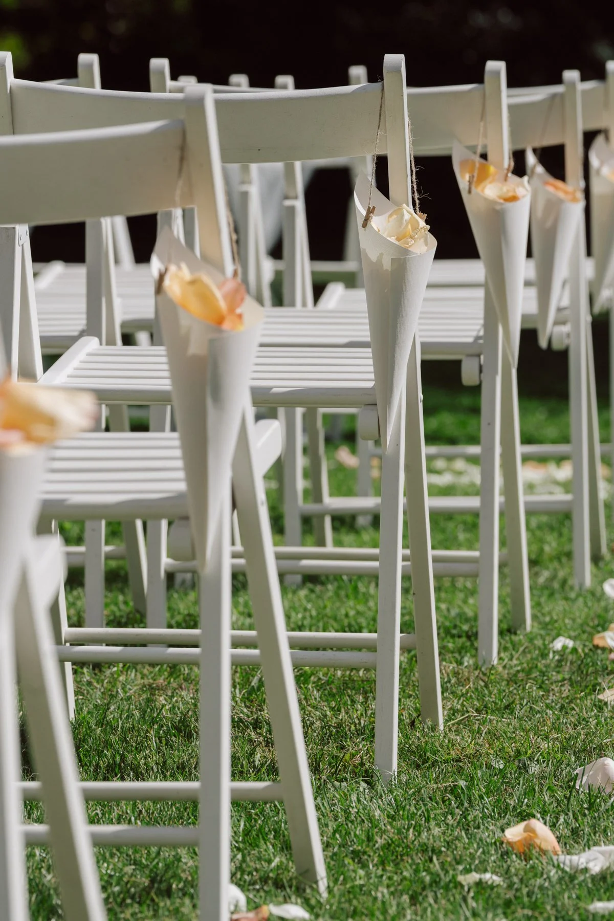 Pétales de fleurs dans cornet en papier accroché sur des chaises blanches