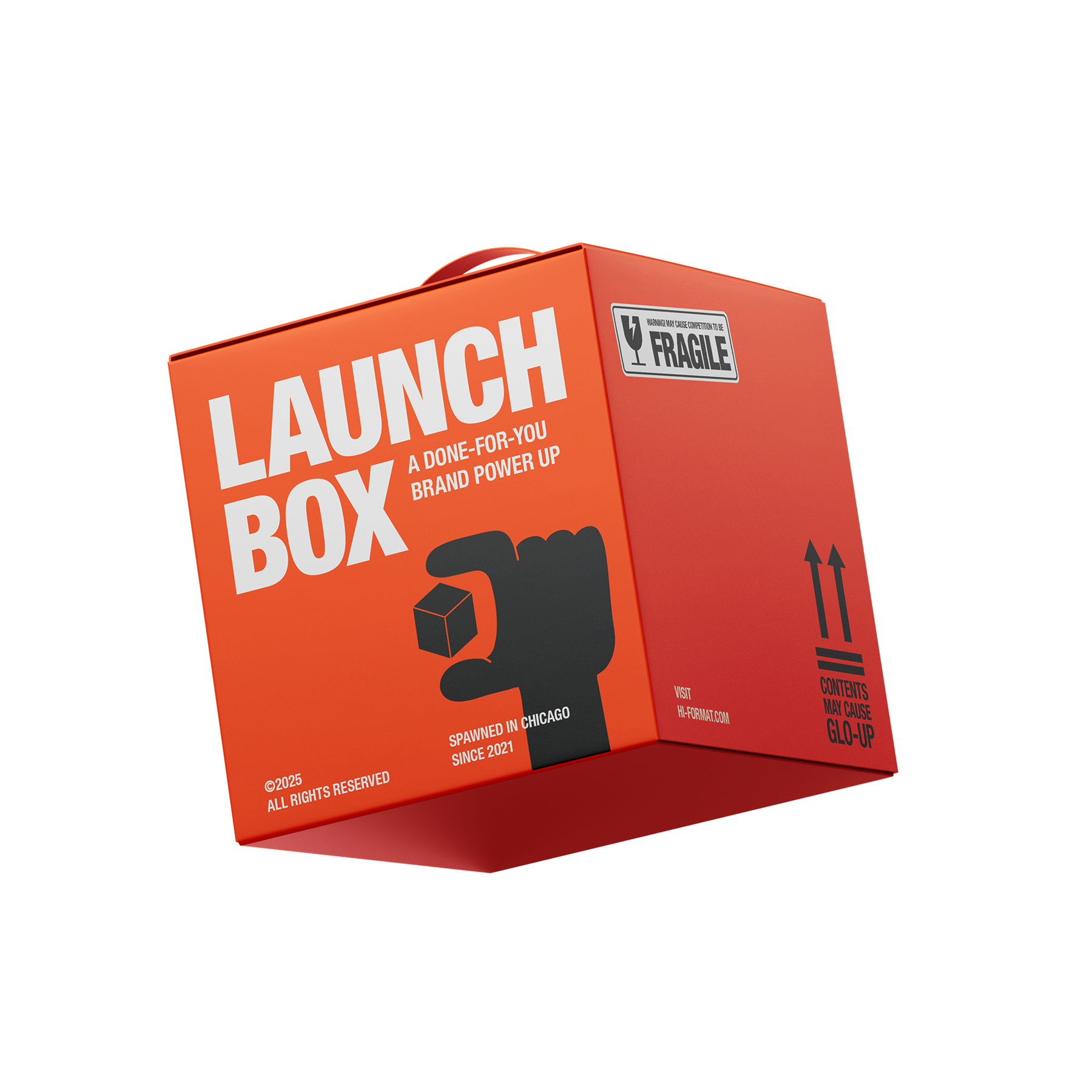 An orange shipping box with white text "Launch Box," Hi-Format's brand identity package.