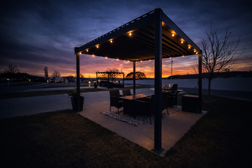 Premium pull-thru site with pergola at Aspen Grove RV Park