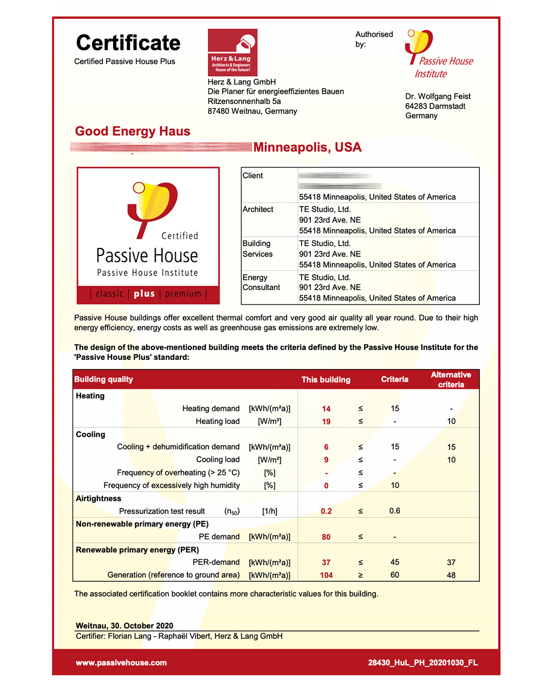 TE Studio Good Energy Haus Passive House Plus certificate (by Passivhaus Institut)