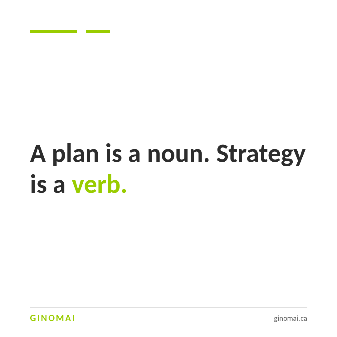 Quote graphic from Ginomai: 'A plan is a noun. Strategy is a verb.'