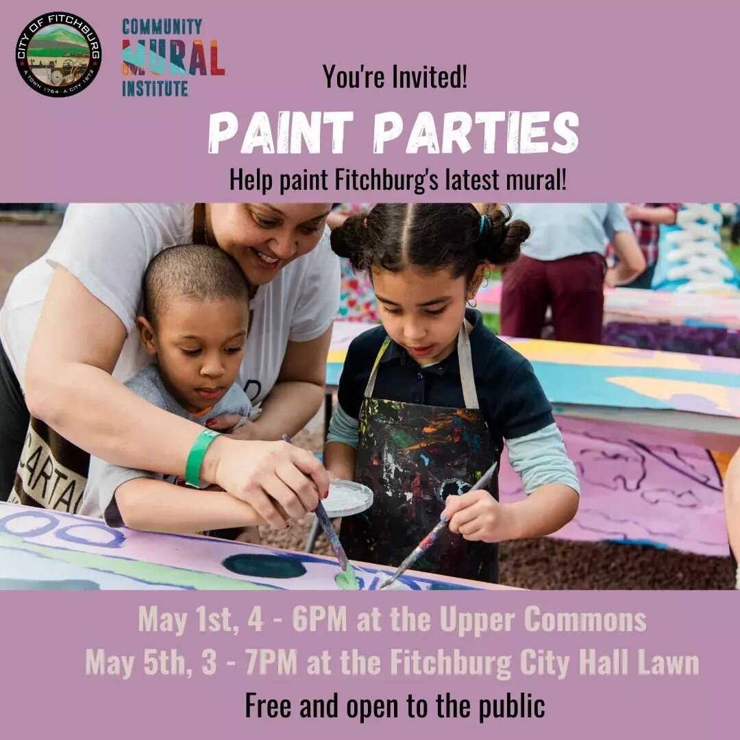 Mark your calendars! 
Our Fitchburg Community Mural Institute is hosting two paint parties in May to put up Fitchurg's latest murals! 

All are welcome, no experience necessary! Come paint with us! 

May 1st, 4 - 6PM at the Upper Commons, Firchburg M