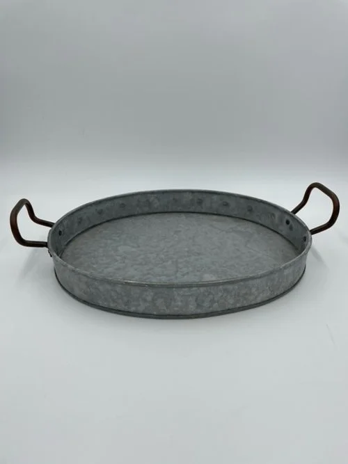 Gray metal tray with handles
$6