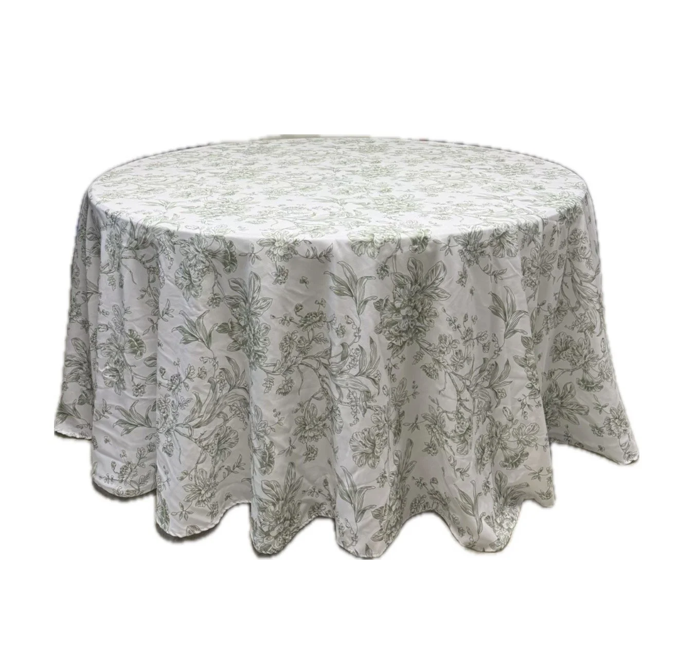 Round Tablecloth, White with Green Floral Print