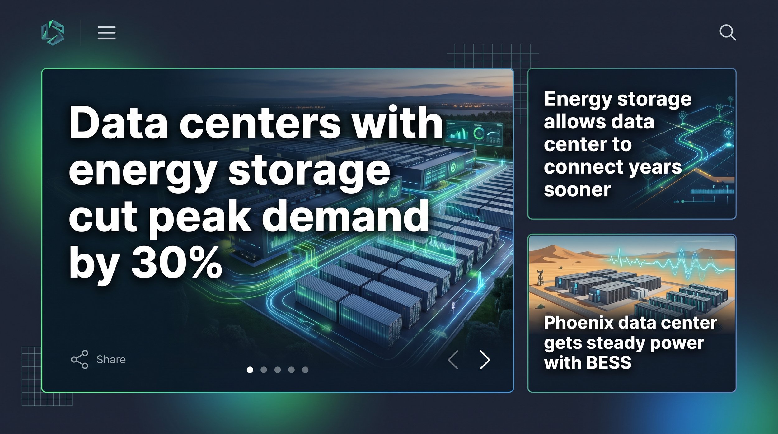 A conceptual image of news stories about the benefits of data centers paired with energy storage