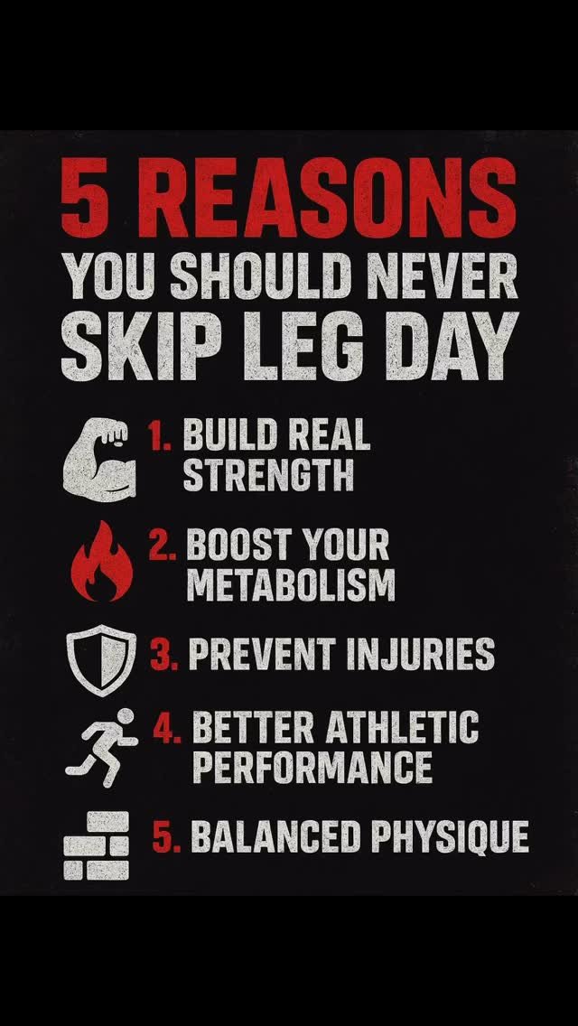 🦵 5 Reasons You Should NEVER Skip Leg Day 🦵
1. Build Real Strength 💪
Legs are your foundation. Strong legs = stronger everything else.
2. Boost Your Metabolism 🔥
Big muscle groups = big calorie burn. Leg day torches fat even at rest.
3. Preven