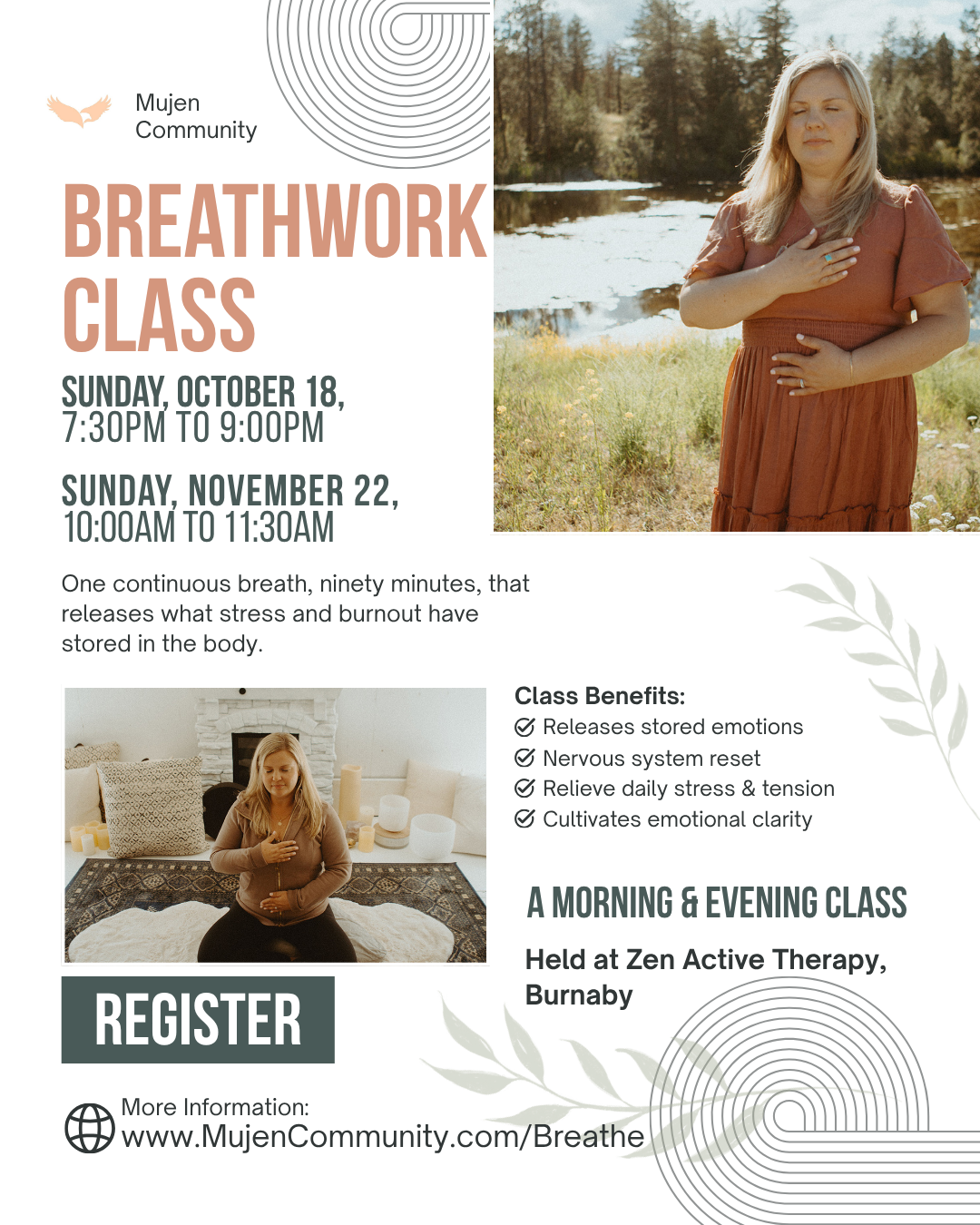 Flyer promoting a breathwork class by Mujen Community, showing a woman outside near a river and a woman indoors practicing meditation.