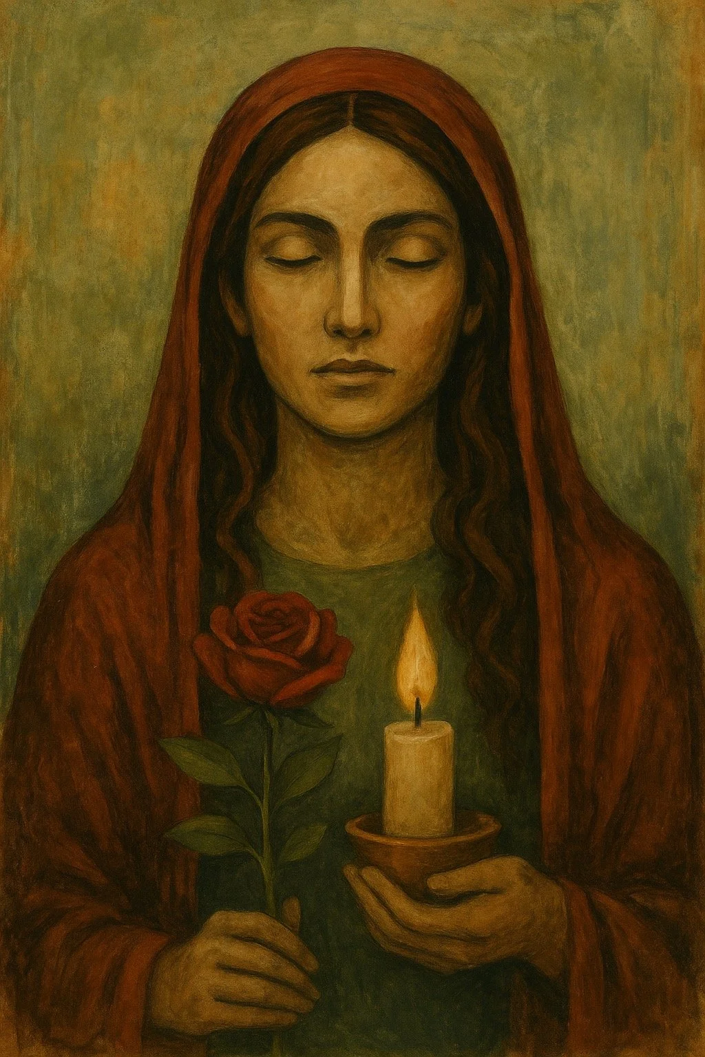Mary Magdalene holding a candle and red rose. Her eyes are cloth and her head is covered with a burn orange hood from her cape.