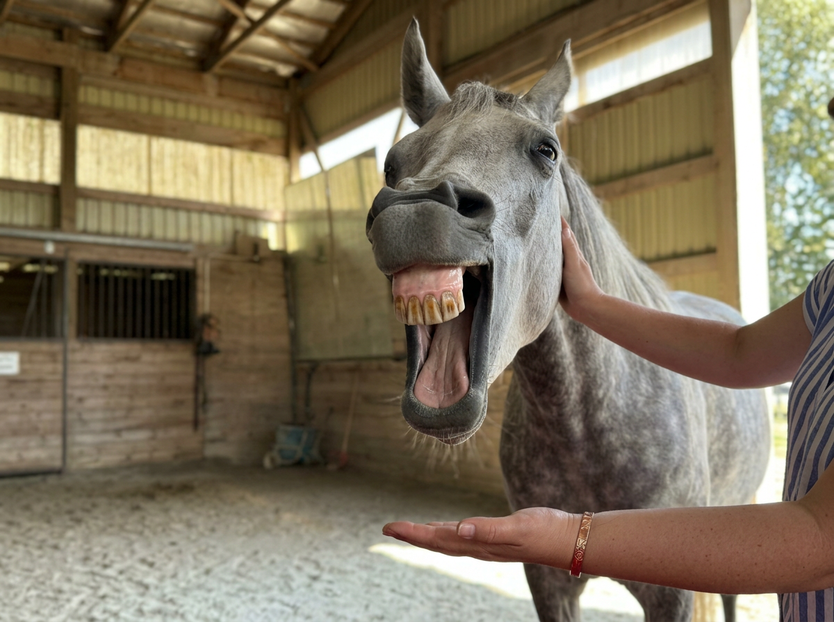A person petting a grey horse that is opening its mouth wide and showing teeth inside a wooden barn.