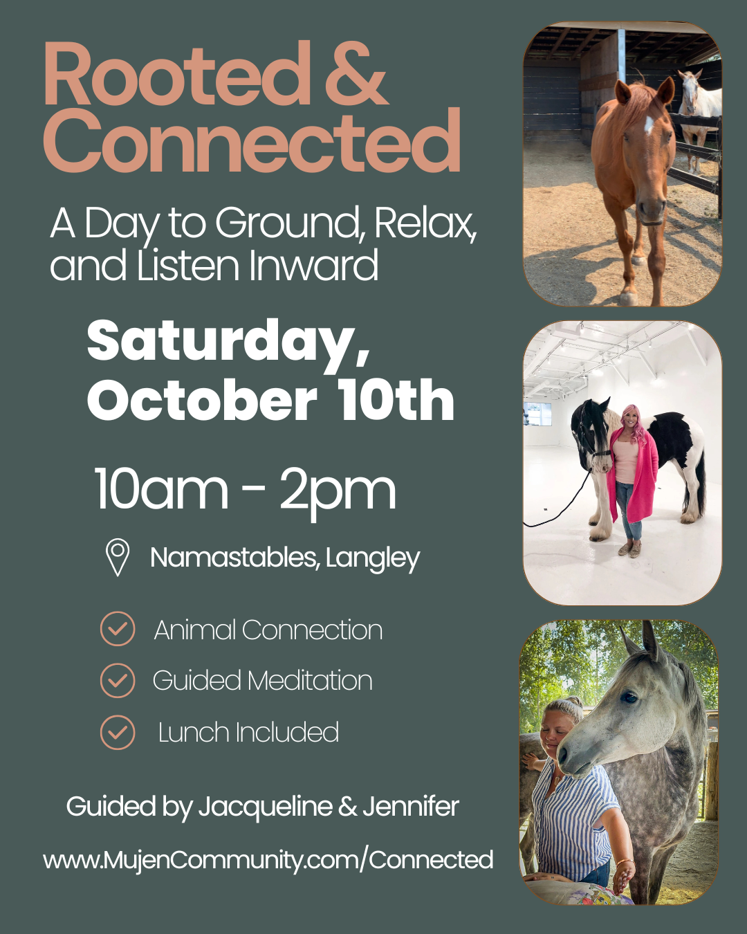 Promotional poster for a 'Rooted & Connected' event on October 10th, featuring photos of a horse, a person with a horse, and a girl with a horse, with details about the event including location, time, activities, and guided by Jacqueline and Jennifer.