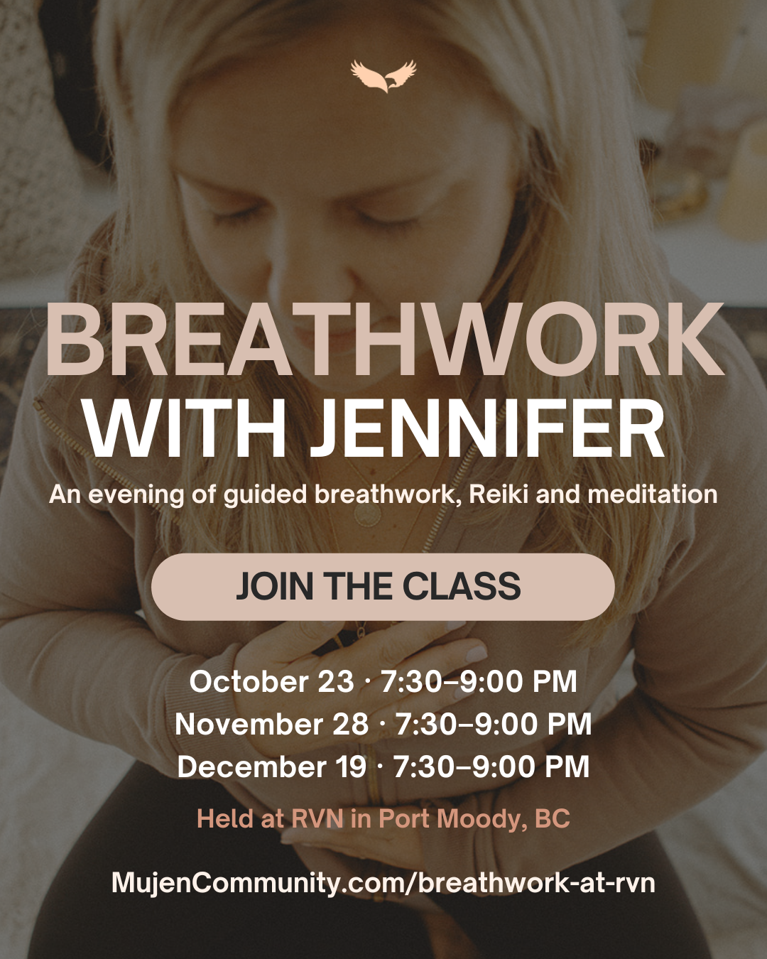 Poster promoting breathwork classes with Jennifer, featuring a woman with closed eyes and hands on her chest, text overlay with class details and schedule.